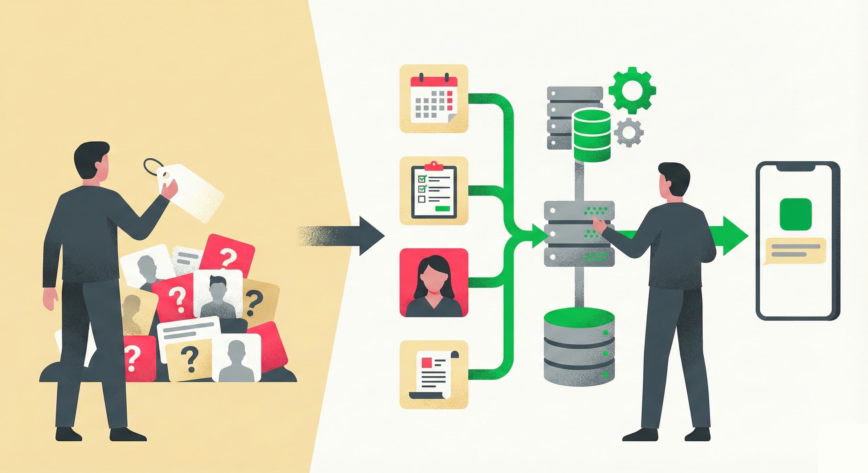 顧客データのセグメンテーションとLINE公式アカウント配信の仕組み。CRMツールによるデータ一元管理とパーソナライズ配信のビジネスモデル図。