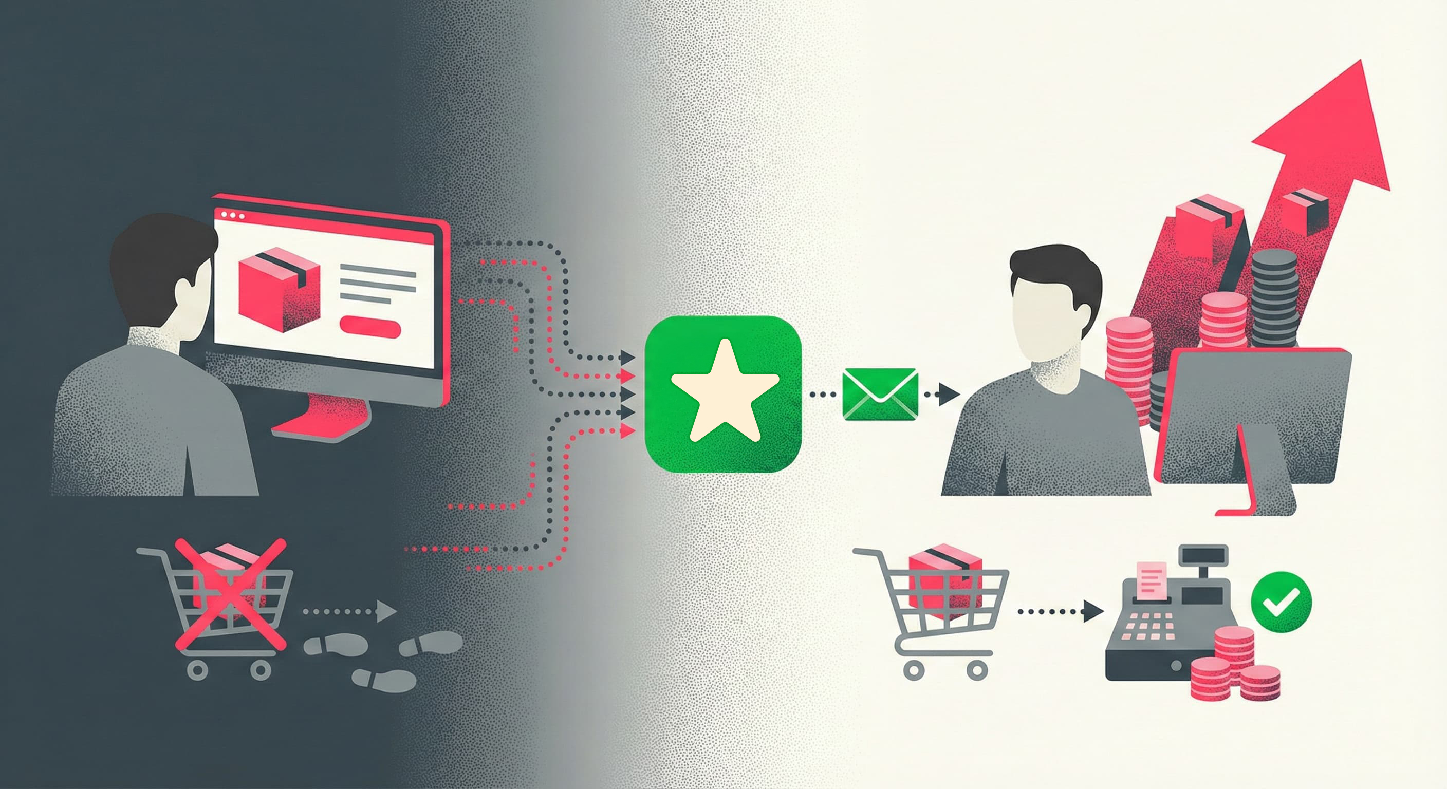 LINE公式アカウントを活用したカゴ落ち（カート放棄）リカバリーのフロー図。リターゲティング配信による購入完了（コンバージョン）と売上拡大のプロセス。