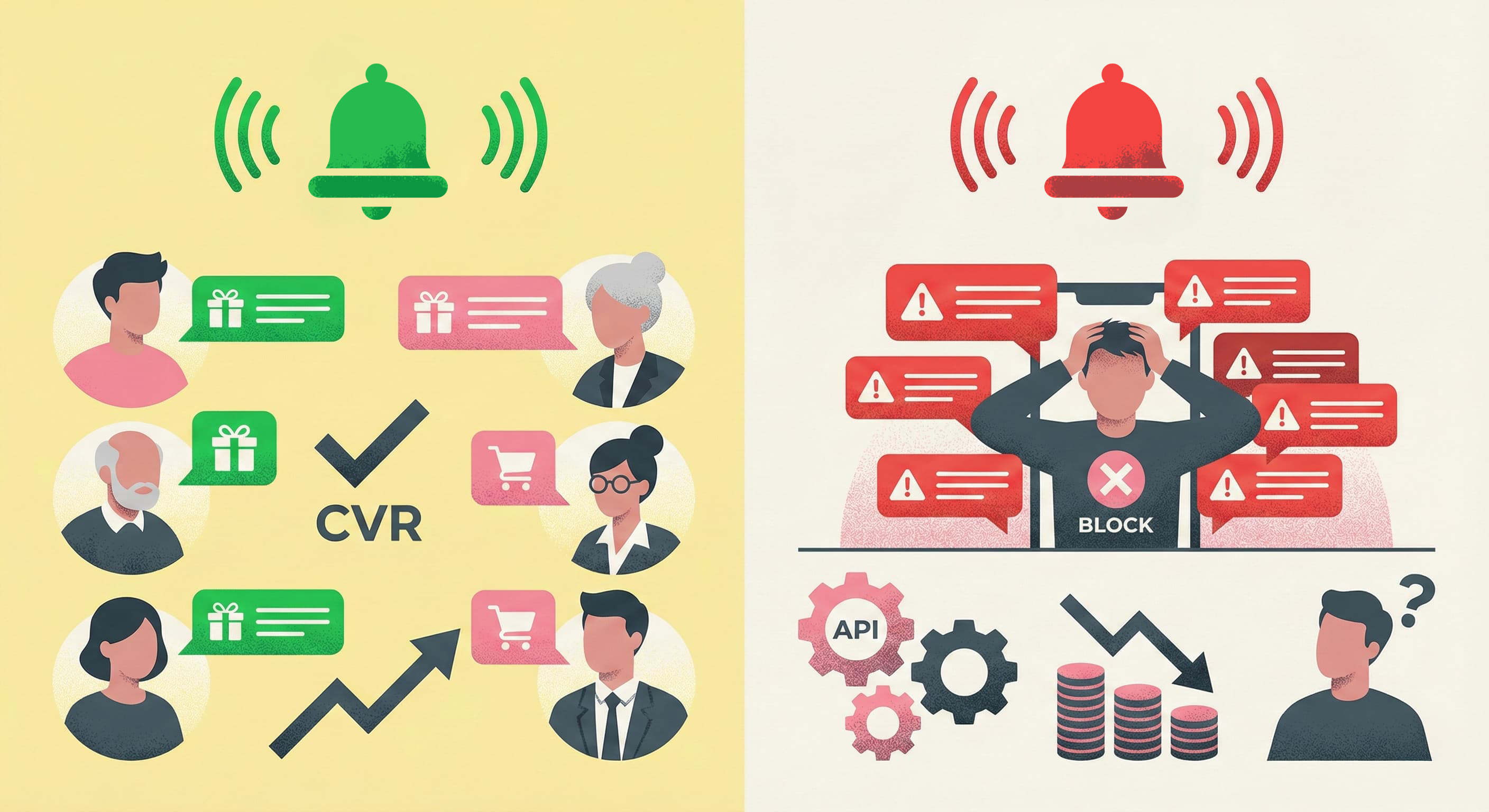 LINEマーケティングのメリットとデメリットを比較したイラスト。左側は多様な層へのパーソナライズ配信による高いCVRと成長を示し、右側は過剰な通知によるブロックリスク、運用コスト、技術的な複雑さといった課題を表現している。