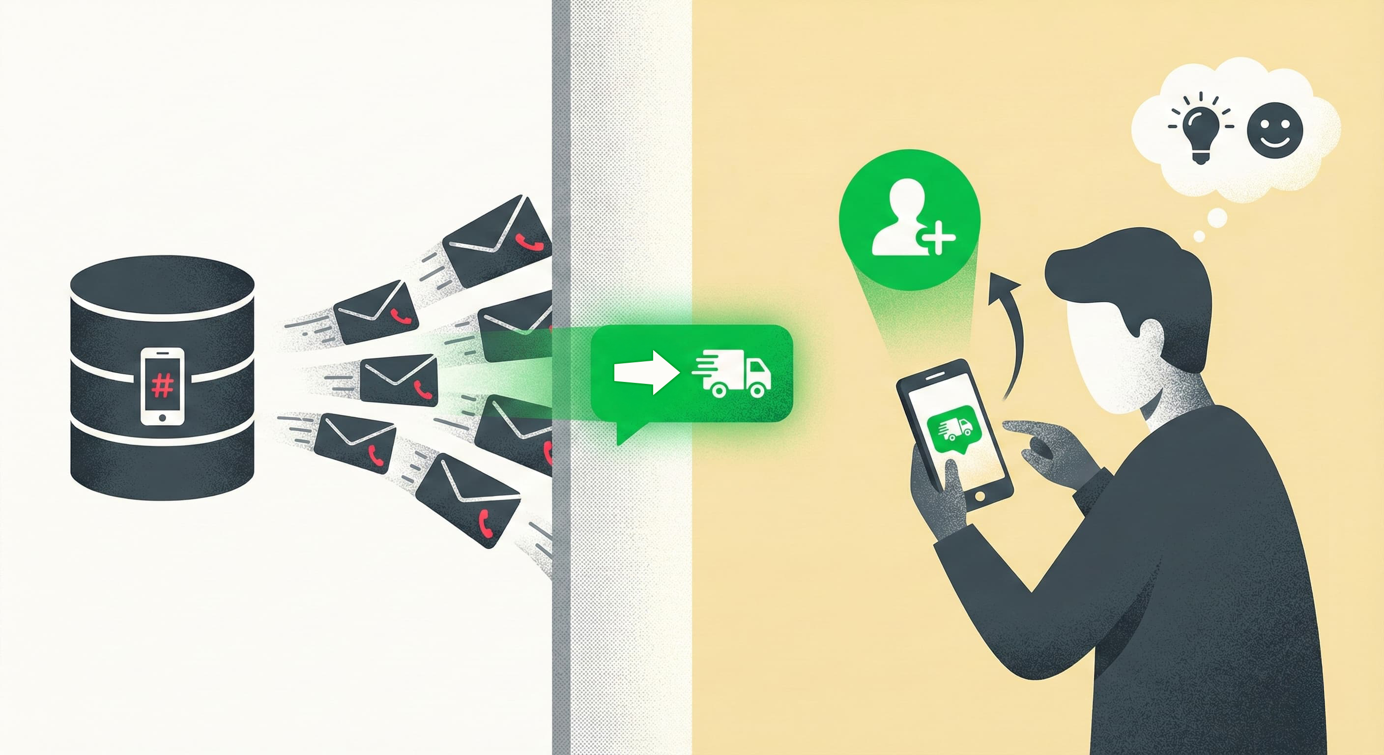 LINE通知メッセージの仕組みとメリットを図解したイラスト。左側の企業データベースから、中央の壁を越えて、右側の友だち未登録ユーザーのスマホへ重要な通知が届く。通知を受け取ったユーザーが利便性を感じ（電球と笑顔のアイコン）、自然に友だち追加ボタンを押すまでの流れが表現されている。