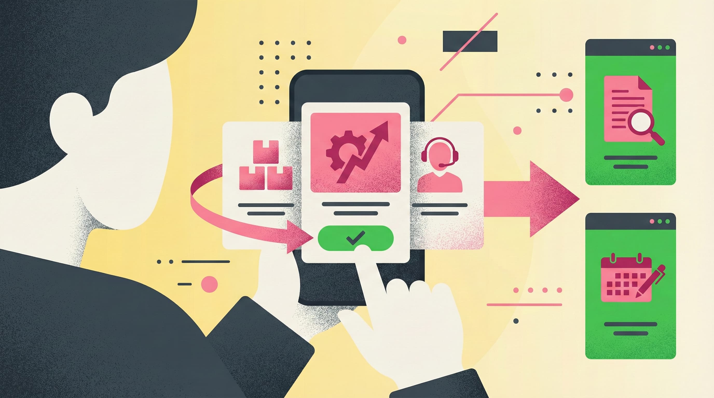 複数の情報を左右にスワイプして閲覧でaきるカードタイプメッセージ（カルーセル形式）を活用し、視覚的な訴求と詳細ページへのスムーズな誘導を実現するイメージ。