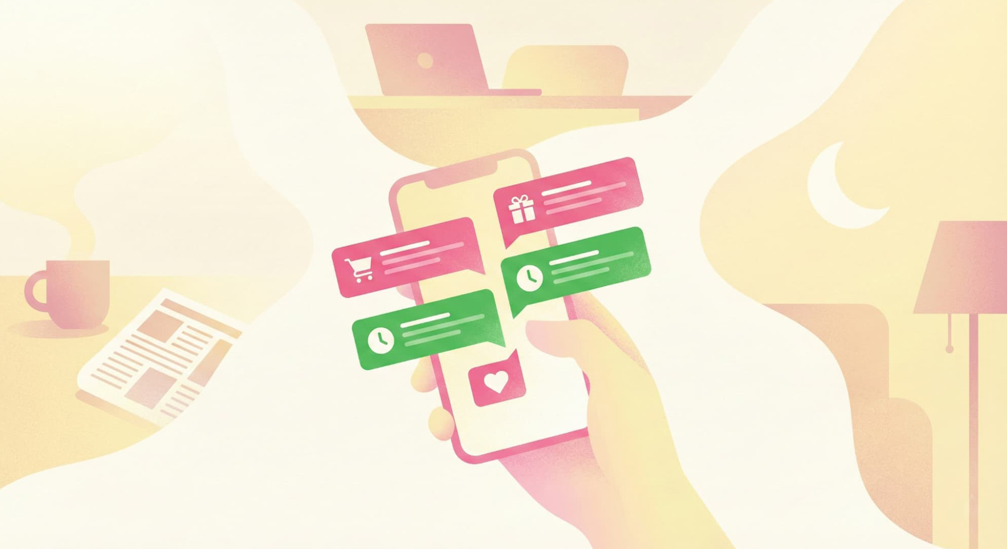 朝・昼・晩といった日常生活のあらゆるシーンで、スマートフォンに届く通知を通じてユーザーとブランドが頻繁に接触する様子を表現したイメージ