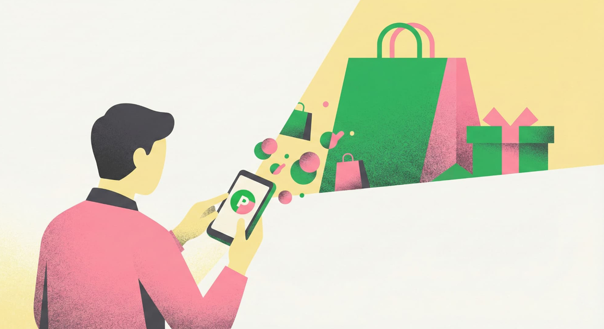 LINEブランドカタログを経由して提携ショップで買い物をし、LINEポイントが貯まる仕組みを表現したイメージ