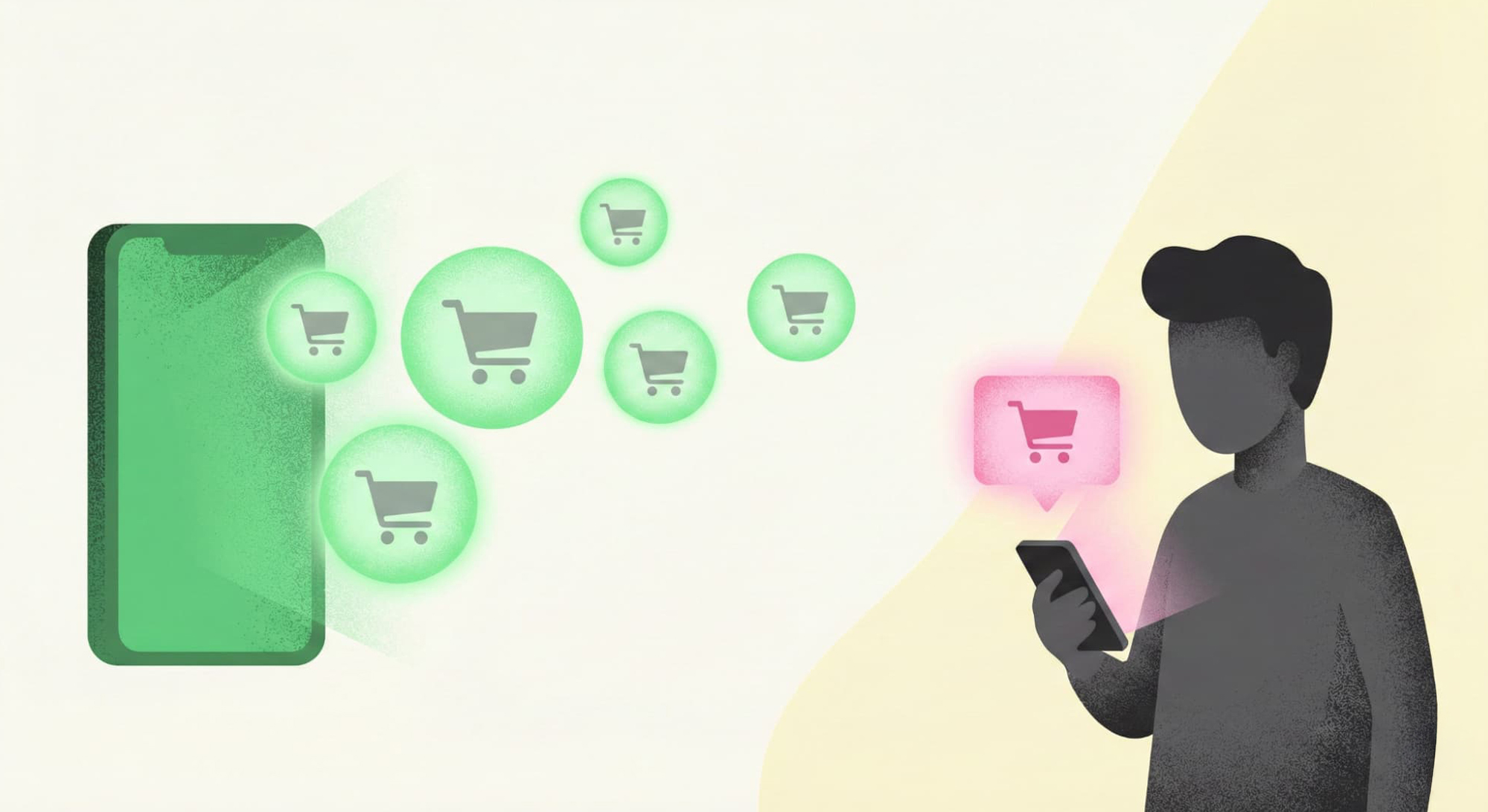 LINE公式アカウントから配信されたメッセージ通知が、ユーザーのスマートフォンへダイレクトに届き、ECサイトへの再訪問を促す仕組みのイメージ。