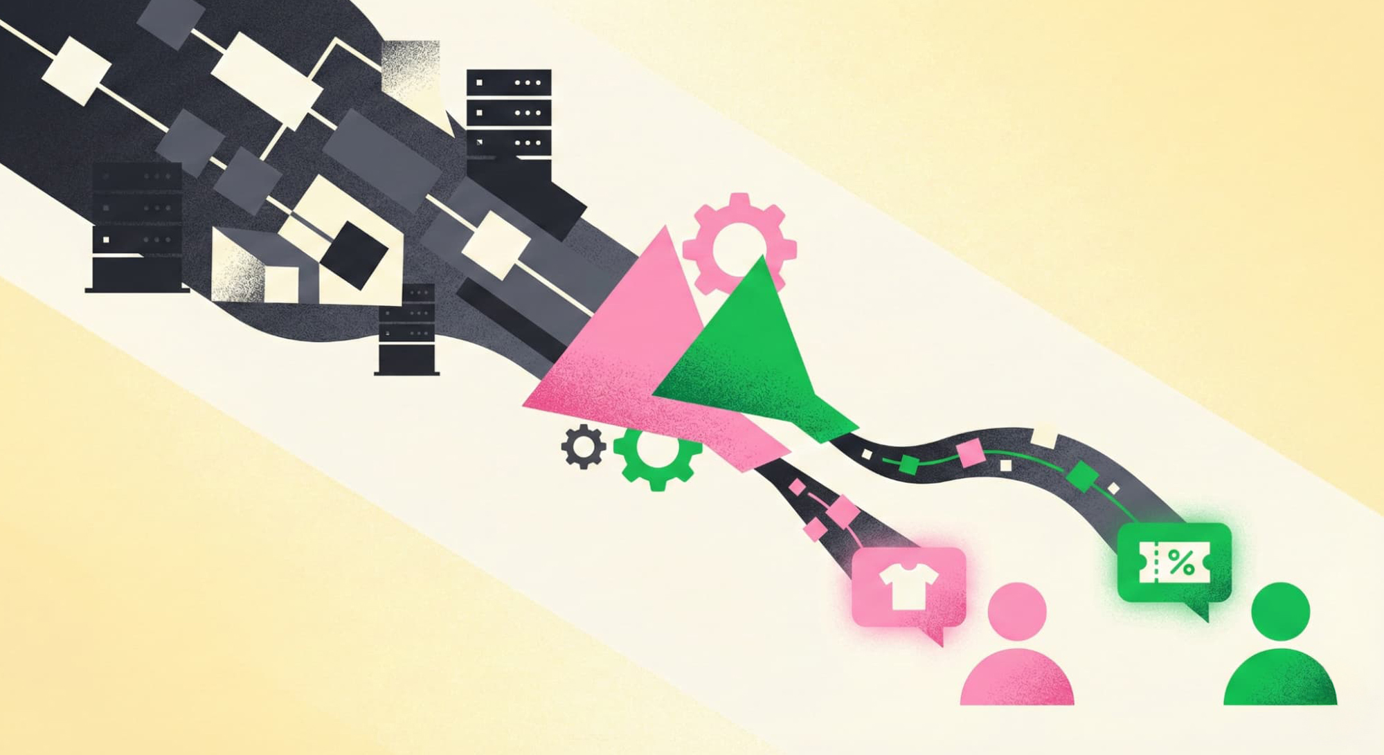 購入履歴や会員属性データを活用し、特定のユーザー層に合わせてクーポンや商品案内を最適化して届けるセグメント配信の仕組みを示す概念図。