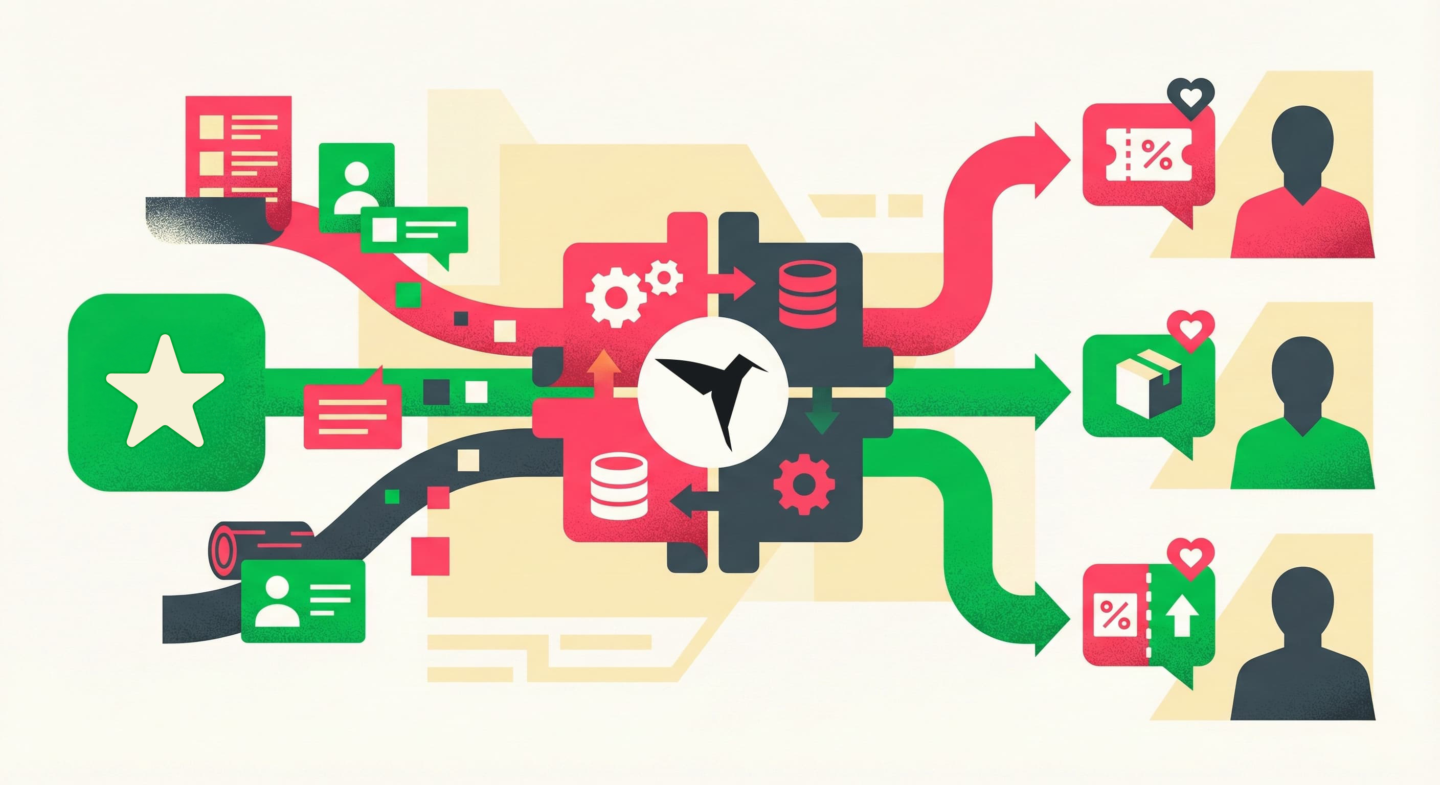 LINEから得られたデータを外部システムやhachidoriと連携し、ユーザーの属性や行動履歴に基づいてパーソナライズされたメッセージや特典を出し分ける仕組みの図解。