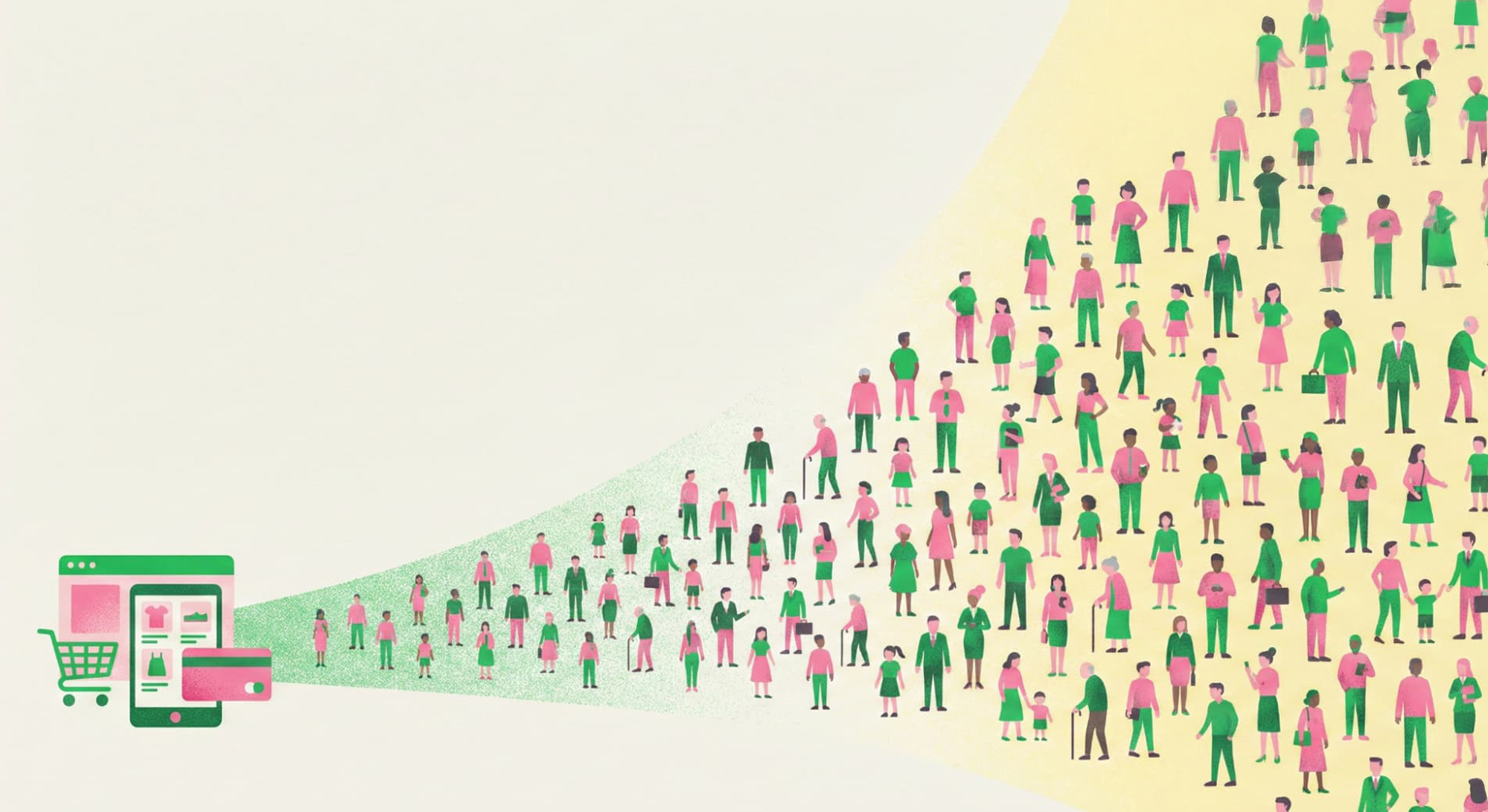 LINEの9,900万人という圧倒的なユーザー基盤から、性別や年齢を問わず多様な層がECサイトへ流入する様子を表現したイメージ