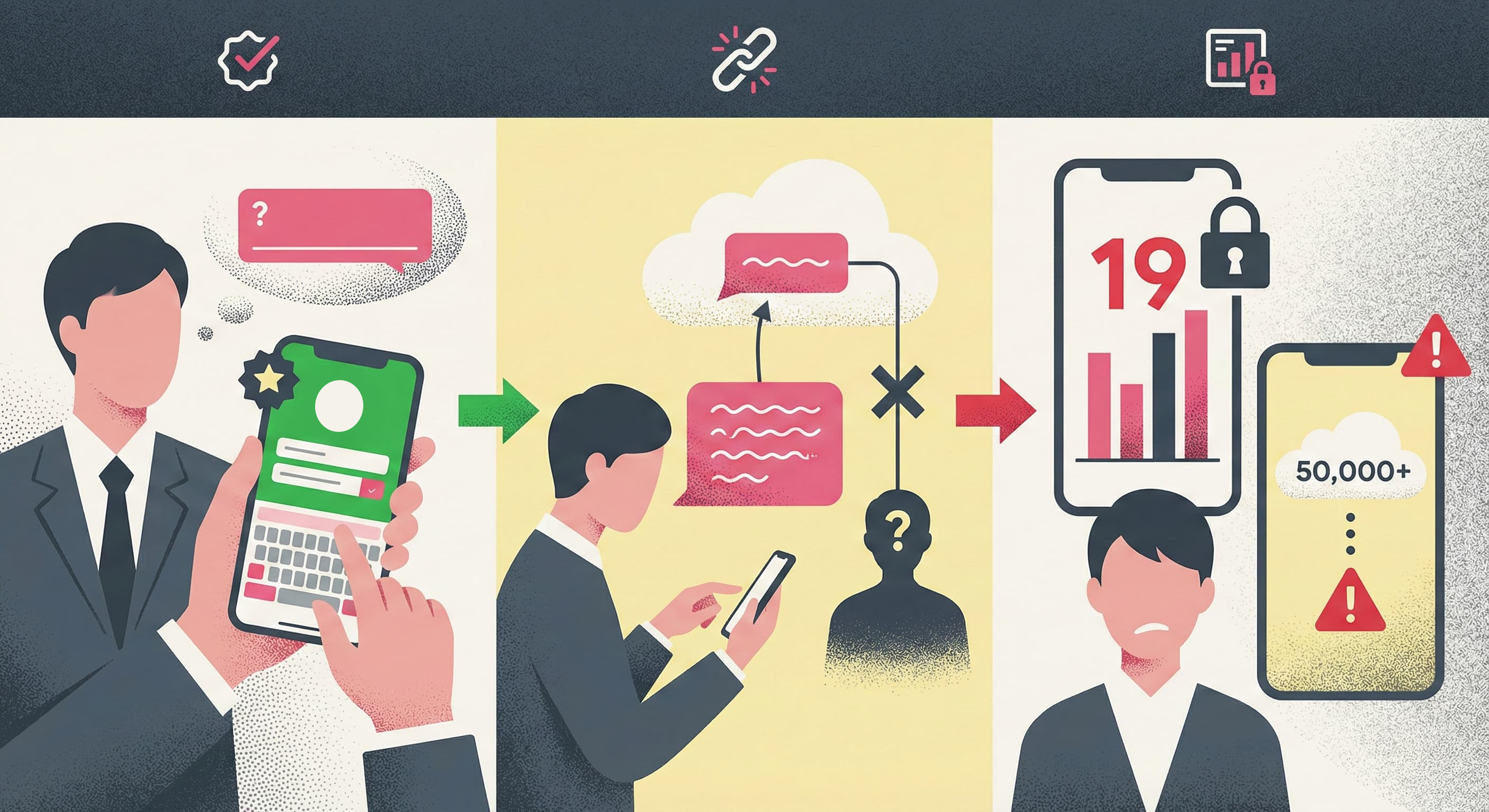 LINE公式アカウントの自由記述アンケートにおける3つの重要な制限（認証済アカウントの必要性、回答の匿名性、回答数が20件未満または5万件以上の場合の閲覧制限）を示す図解