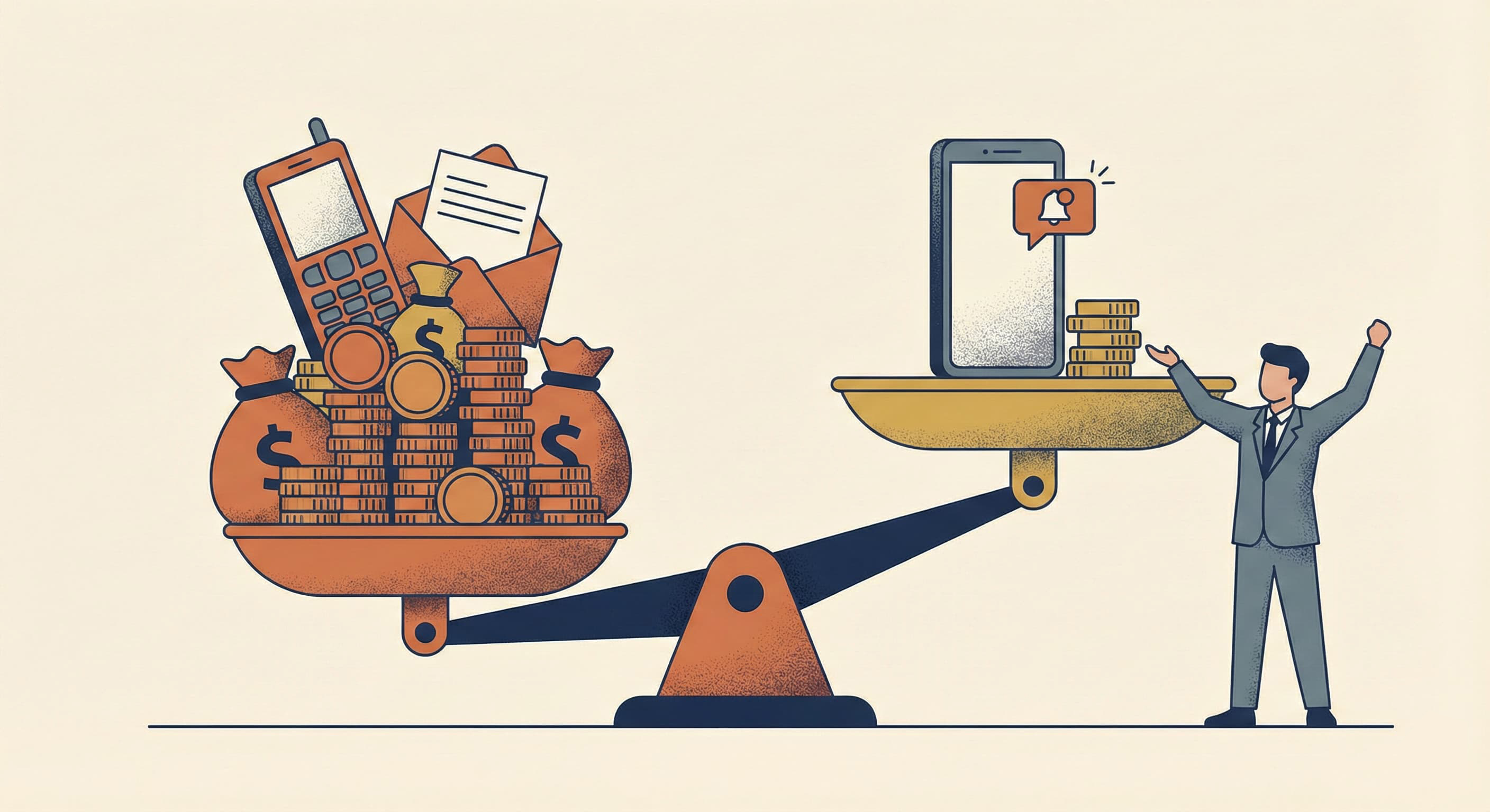 郵送DMやSMSなどの従来コストと、デジタル通知によるコスト削減効果を比較する天秤のイラスト。DX推進による通信費の圧縮と、スマートフォン活用による業務効率化のメリットを表現。