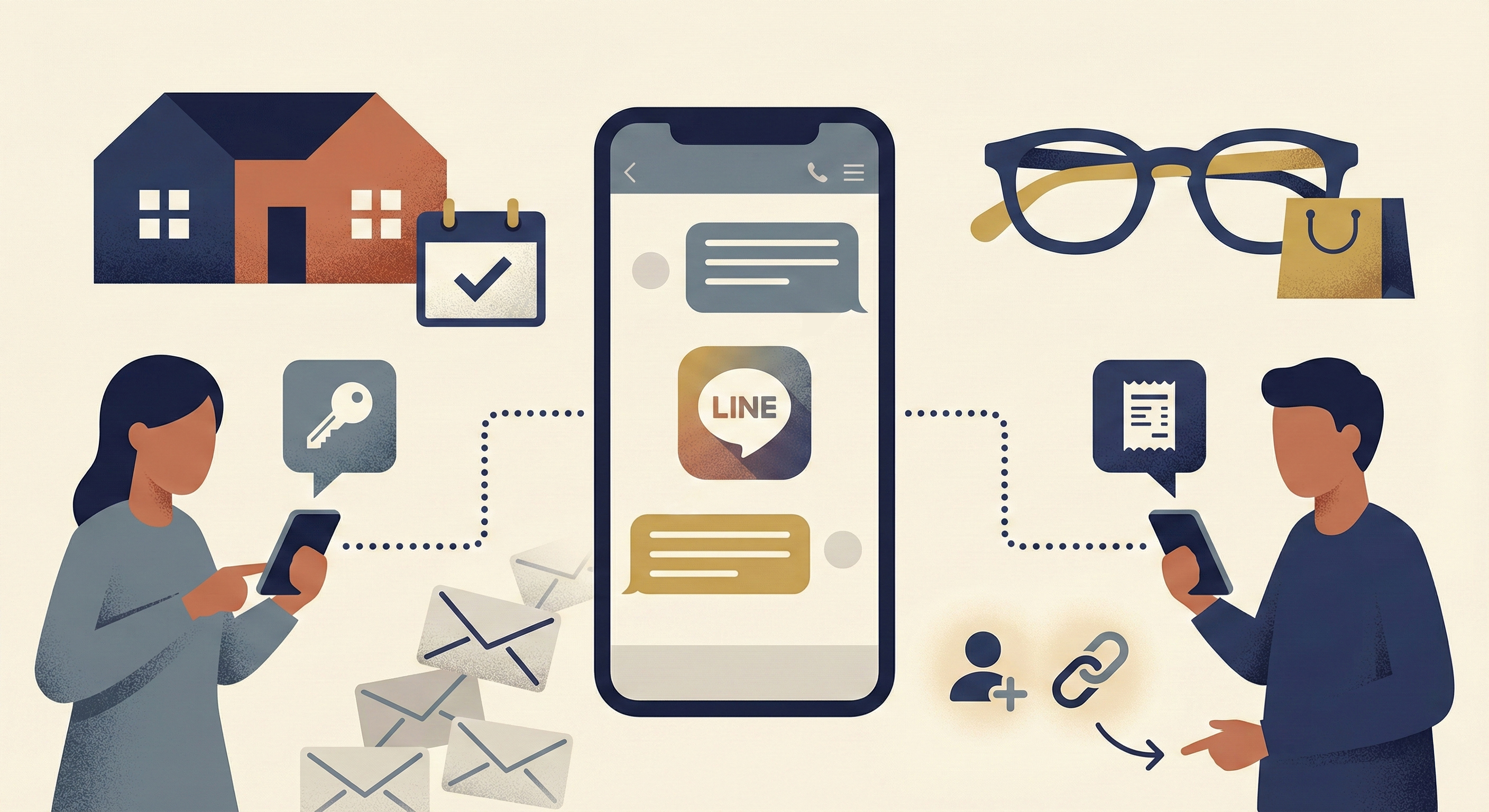 LINE通知メッセージ(開封率80%以上)と、従来のEメールやSMS(開封率20-30%)の到達率および機能性を比較したイラスト。500文字以上の長文、リンク、ボタンを活用できるLINEのマーケティング効果の優位性を可視化。