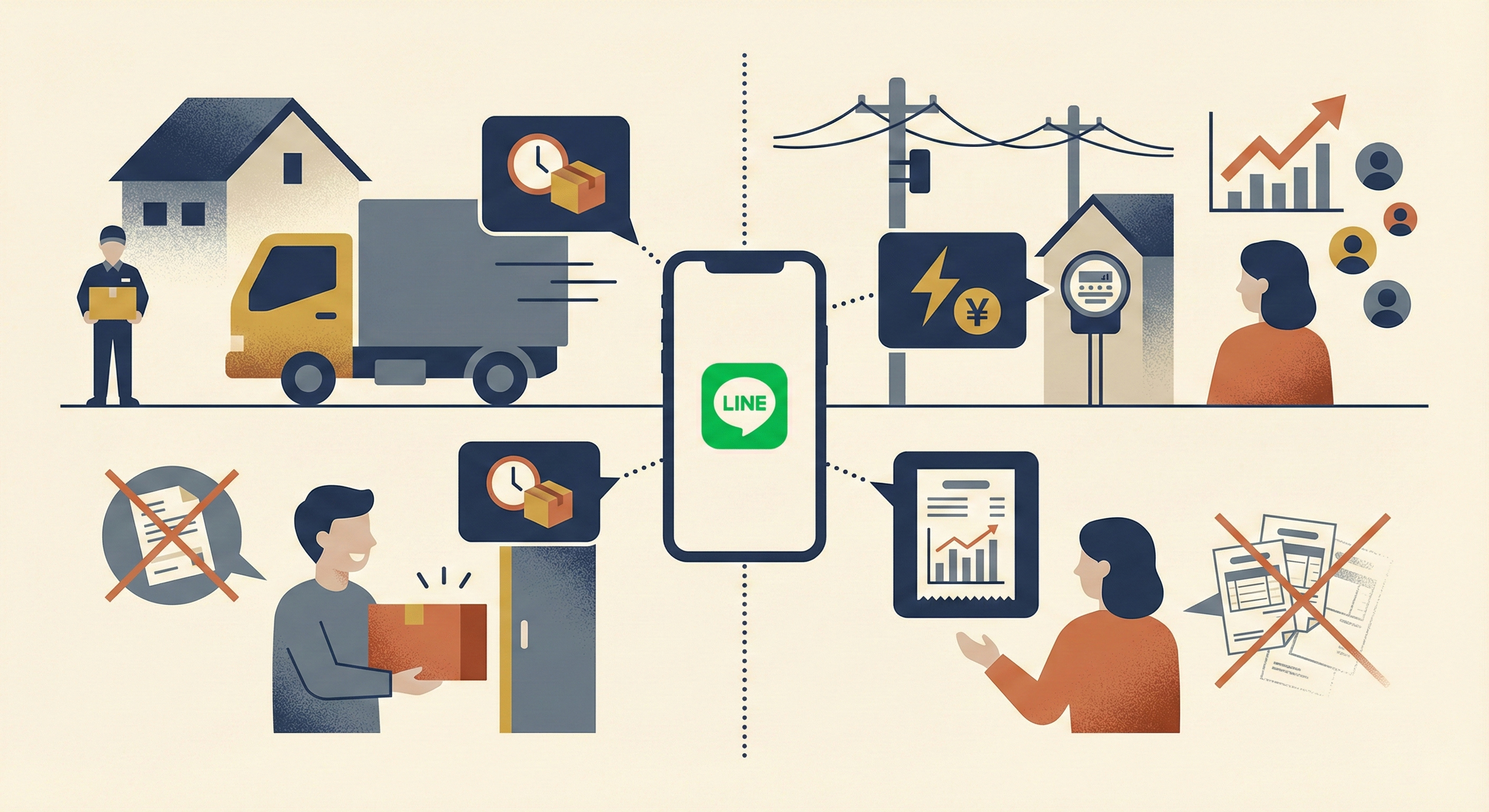 LINE通知メッセージ(開封率80%以上)と、従来のEメールやSMS(開封率20-30%)の到達率および機能性を比較したイラスト。500文字以上の長文、リンク、ボタンを活用できるLINEのマーケティング効果の優位性を可視化。