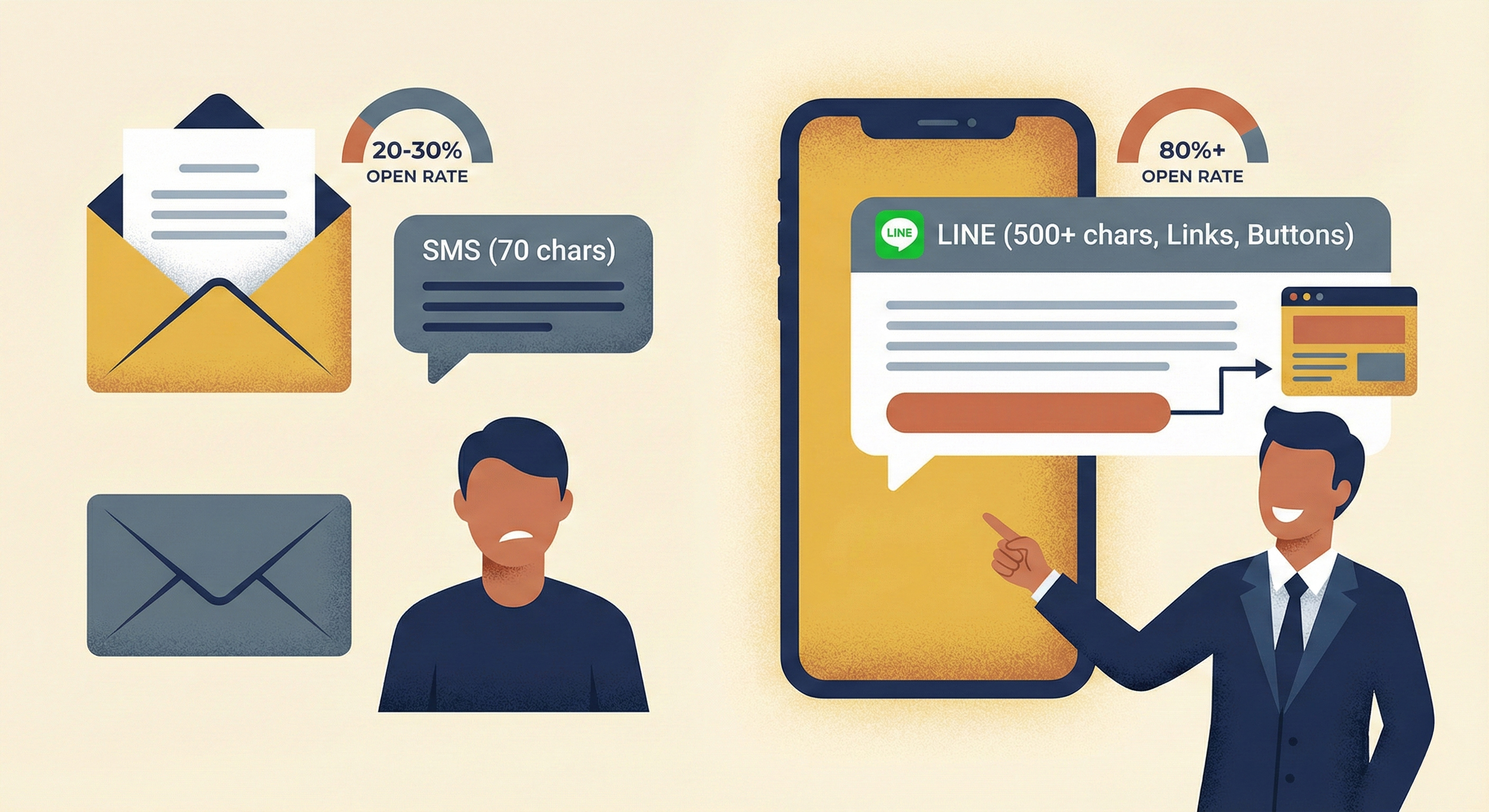 メルマガやSMS(開封率20-30%)とLINE通知メッセージ(開封率80%以上)の到達率および機能比較図。LINE活用による高い開封率と、ボタンや長文テキストによる情報伝達の優位性を可視化したマーケティング資料。