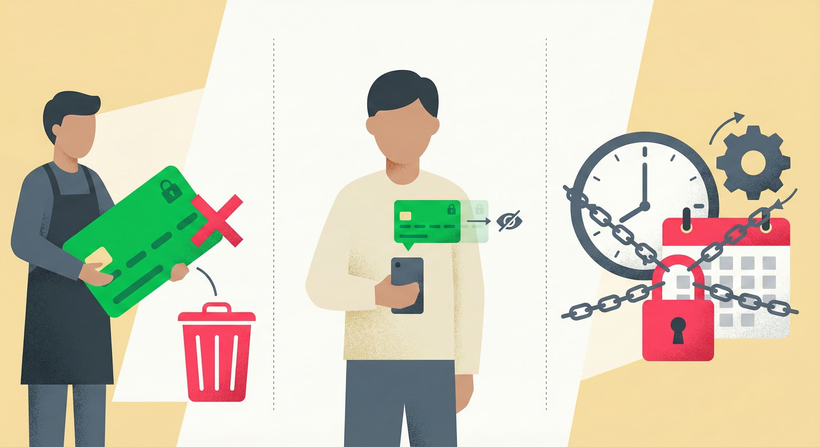 物理カードの廃棄、スマホでのセキュアな情報管理、および期限やスケジュールの自動管理という3つの側面から、カードのデジタル化によるメリットを説明するイラスト。