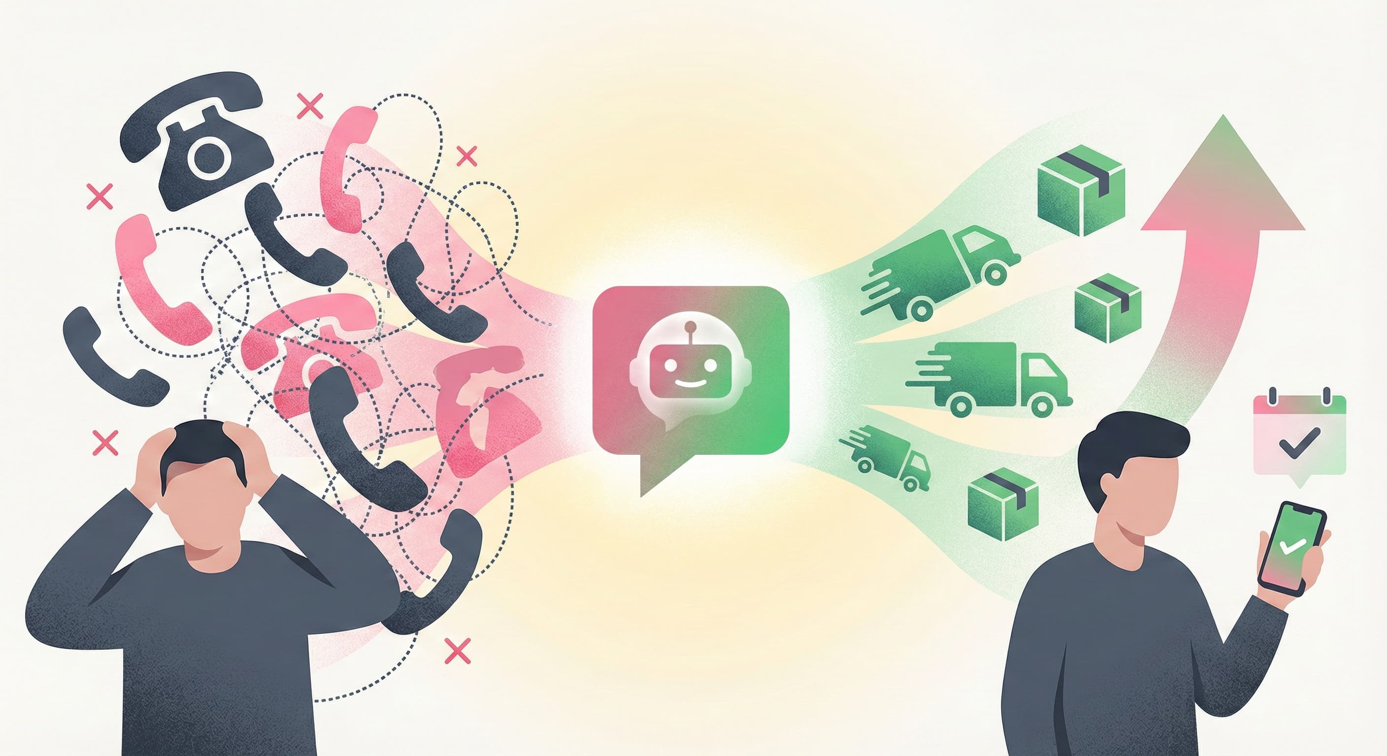 チャットボット導入による、電話問い合わせの混雑解消と業務フロー効率化を示すビフォー・アフターの図。