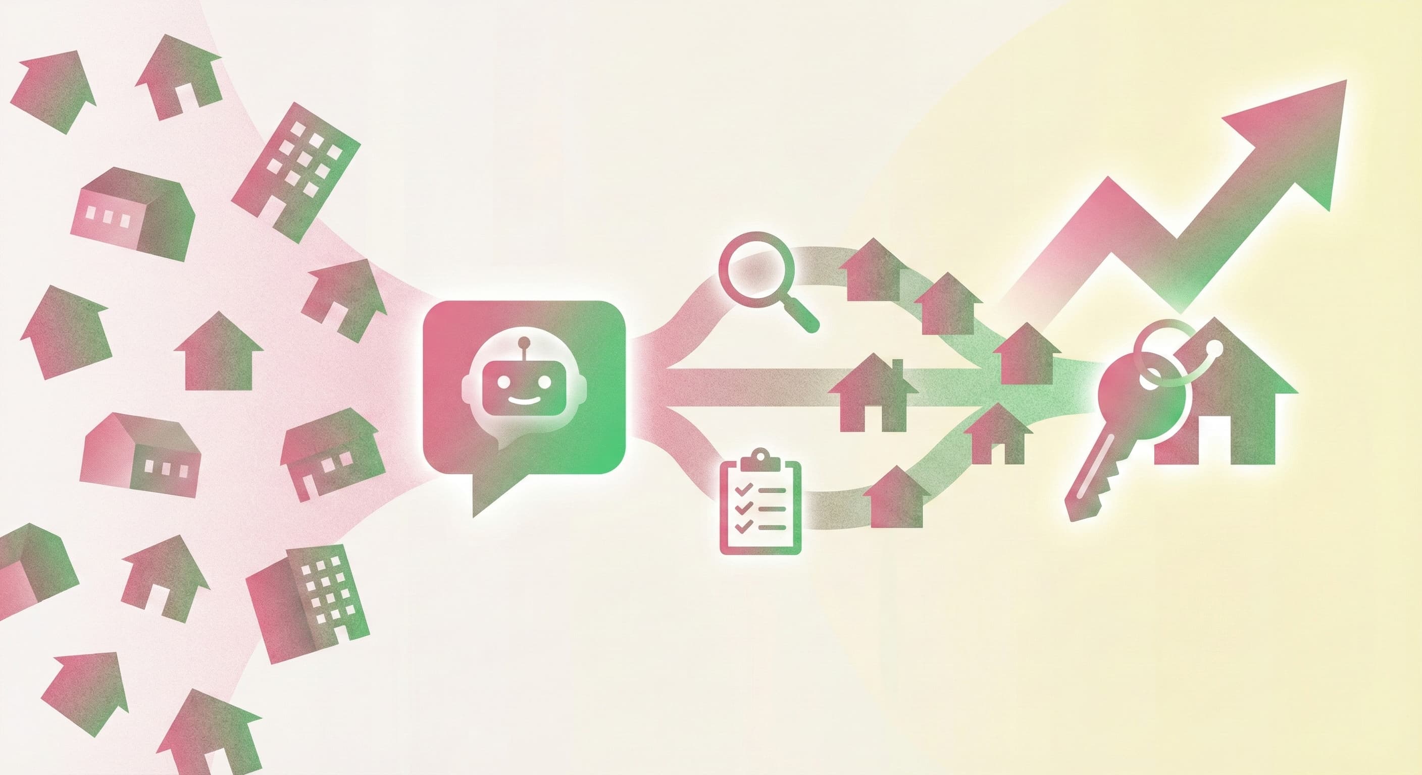 左側に散らばった複数の家のアイコンが、中央のチャットボット（ロボットの顔）アイコンに吸い寄せられる。チャットボットから検索（虫眼鏡）や診断（チェックリスト）のプロセスを経て、右側で家と鍵のアイコン（成約）へと繋がり、最終的に大きな右肩上がりの矢印（成果向上）が示されている。不動産分野におけるチャットボットを活用した新規顧客獲得と成約率向上の流れを表現。