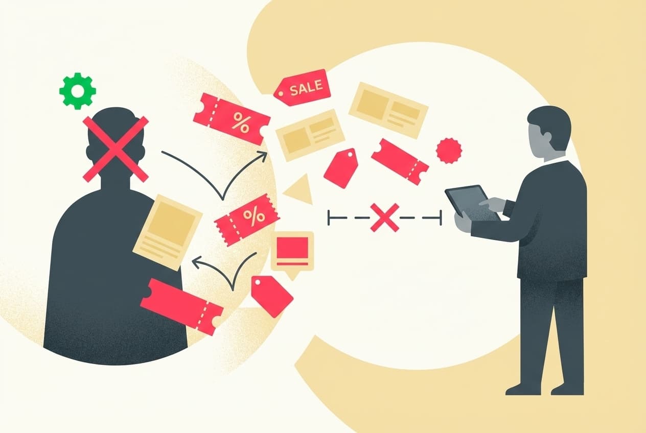 ユーザーの興味に合わない無関係な情報を送り続けることで、期待に応えられずブロックを招く状況を可視化したイラスト。
