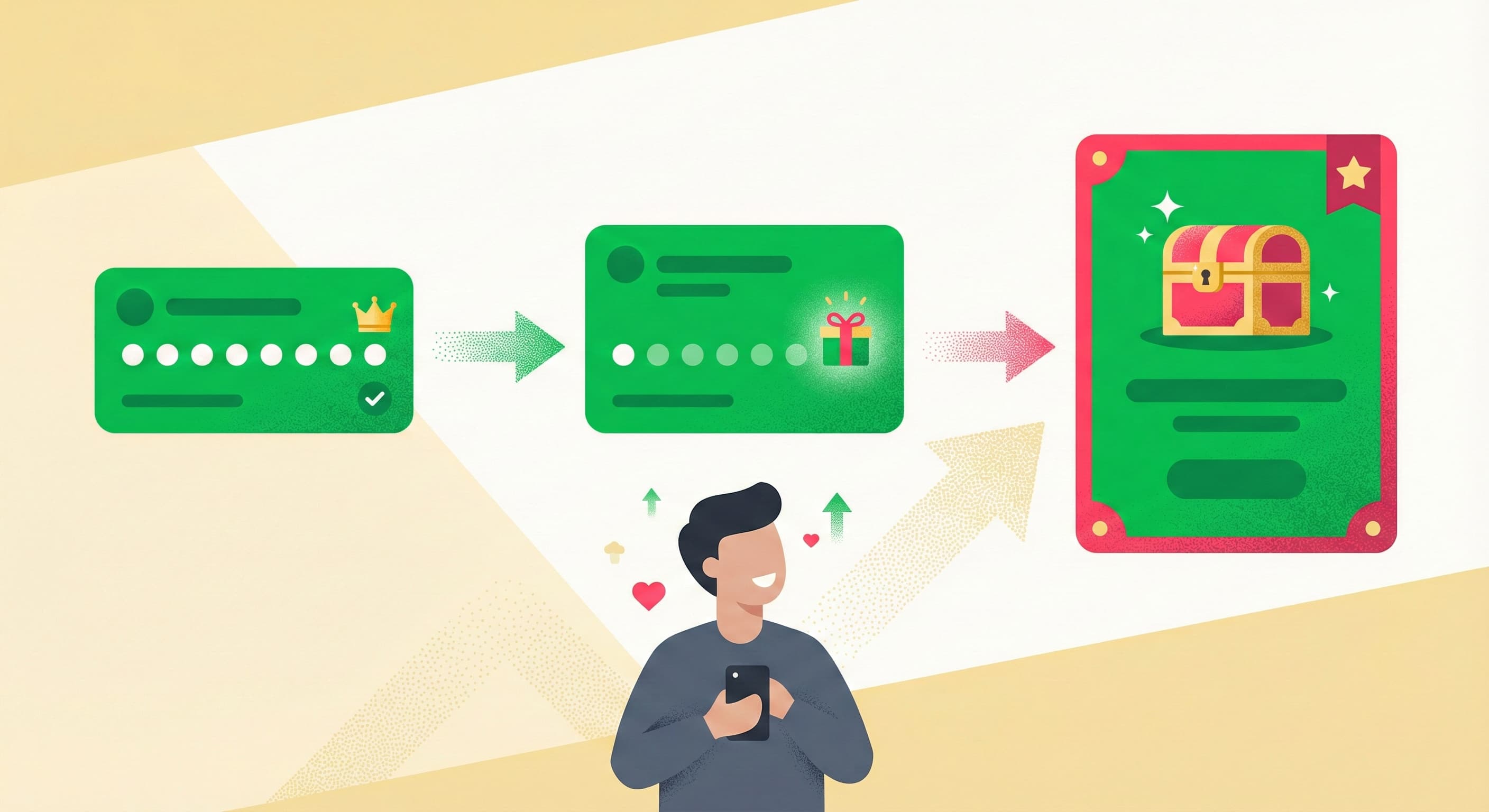 デジタルスタンプカードのポイントが貯まるごとに、ギフトや宝箱といったより豪華な特典へステップアップしていく仕組みを説明するイラスト。ユーザーがスマホで楽しく報酬を目指す様子を表現している。