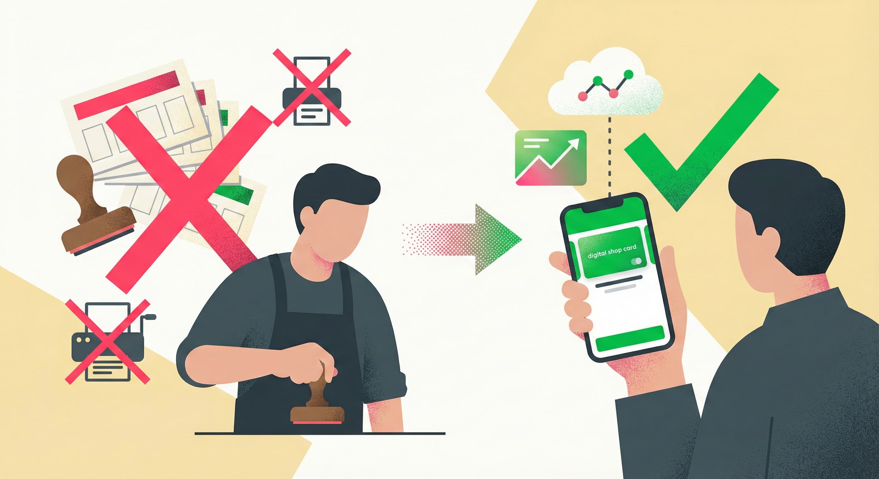 アナログな紙のスタンプカードや手動のスタンプ押印を廃止し、スマートフォンでのデジタルショップカードへ移行することで効率化とデータ活用を実現するイメージ図。