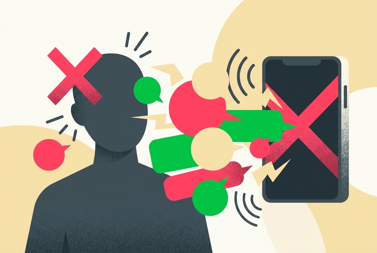 スマートフォンの過剰な通知にストレスを感じ、メッセージを拒絶する様子のイラスト
