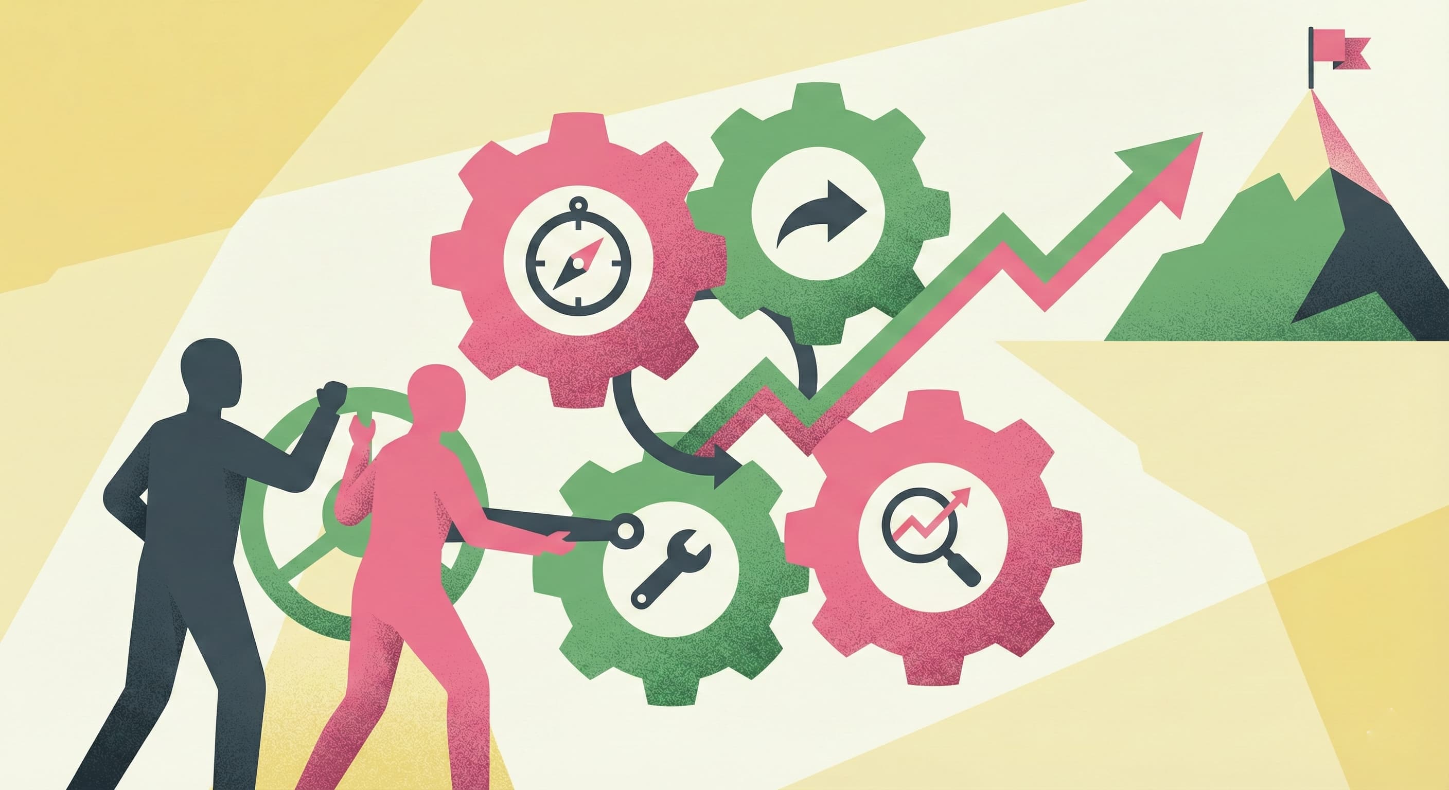 専門家による伴走のもと、戦略（方位磁針）、実行（工具）、分析（拡大鏡）の歯車を噛み合わせ、着実に成果（山頂の旗）へと向かうPDCAサイクルの概念図。
