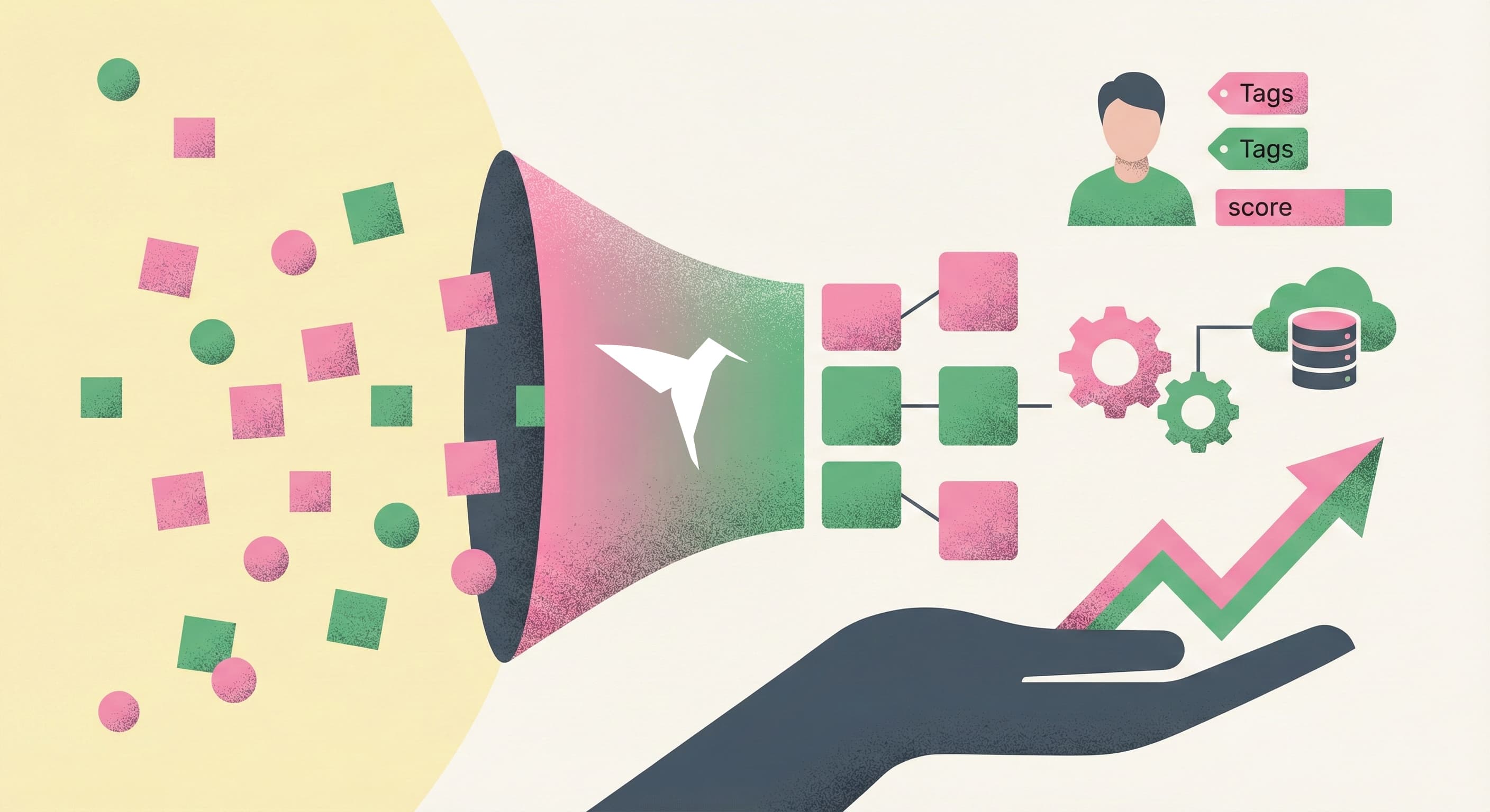 散在するチャットデータをhachidoriで集約し、自動タグ付けやユーザースコアリングを経て、外部データベース連携や成果向上へ繋げるデータ利活用の仕組み図。