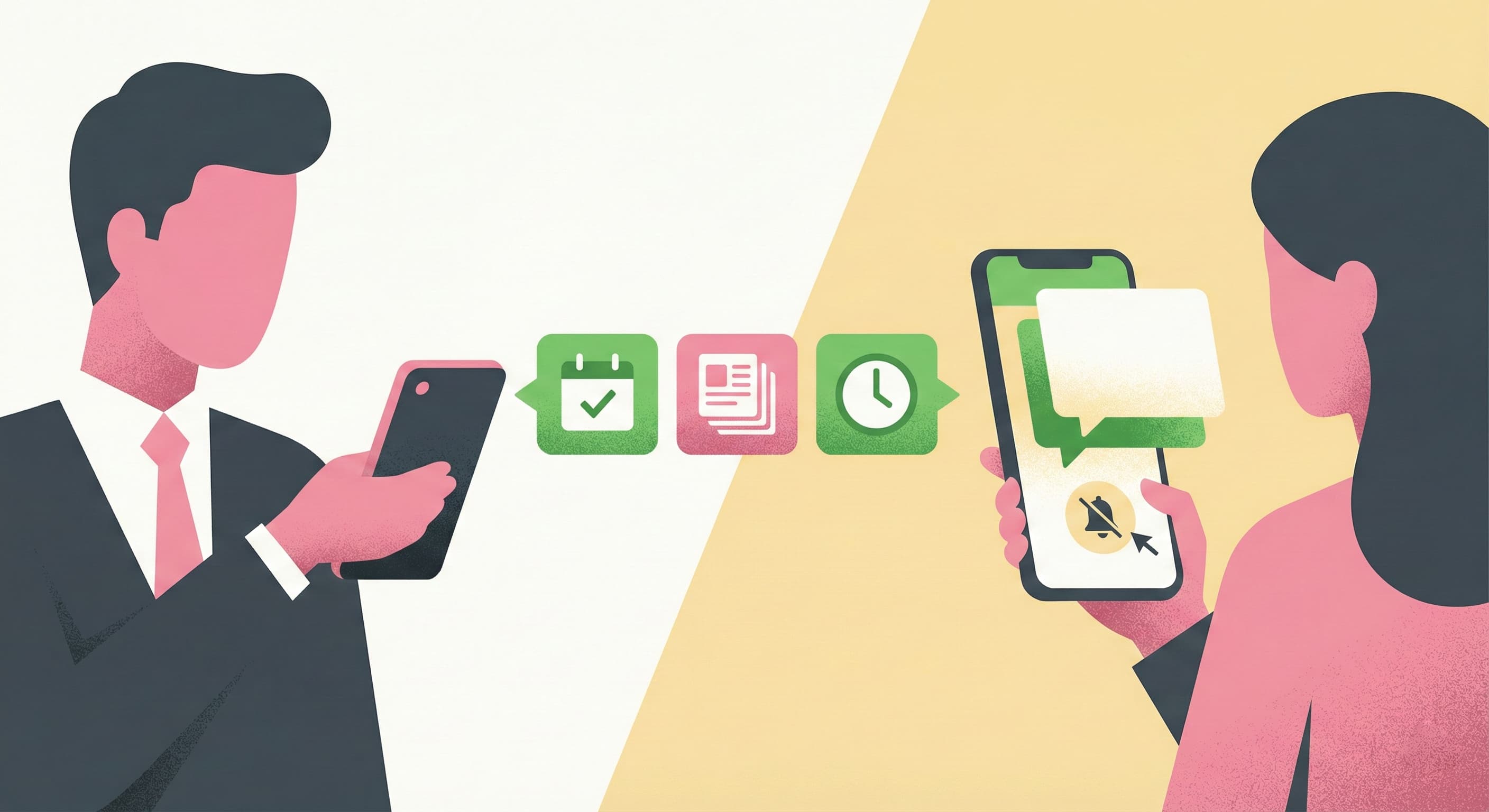 友だち追加時のあいさつメッセージで、配信頻度や内容の予告、通知オフの設定方法を案内することで、ユーザーの期待値を調整しブロックを防ぐコミュニケーションのイメージ。
