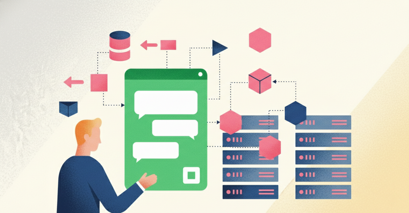 Messaging APIを活用した高度な自動返信システムのイメージ図。ユーザーのデバイス、外部サーバー、データベースが連携し、複雑なデータ処理を経て最適な回答を返す仕組みを示している。
