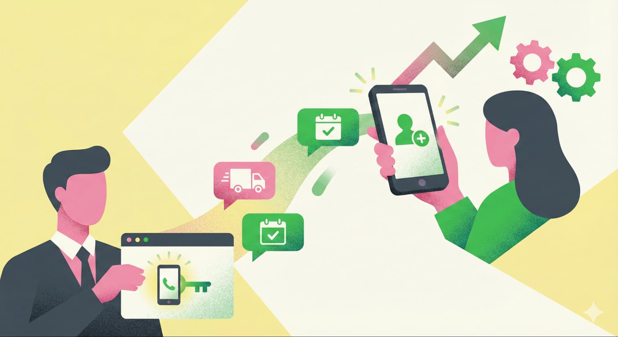 電話番号をキーに配送や予約通知などの利便性の高い情報を送り、友だち追加へと誘導することで面談率の改善や対応工数の削減を実現する仕組み を示した図解。
