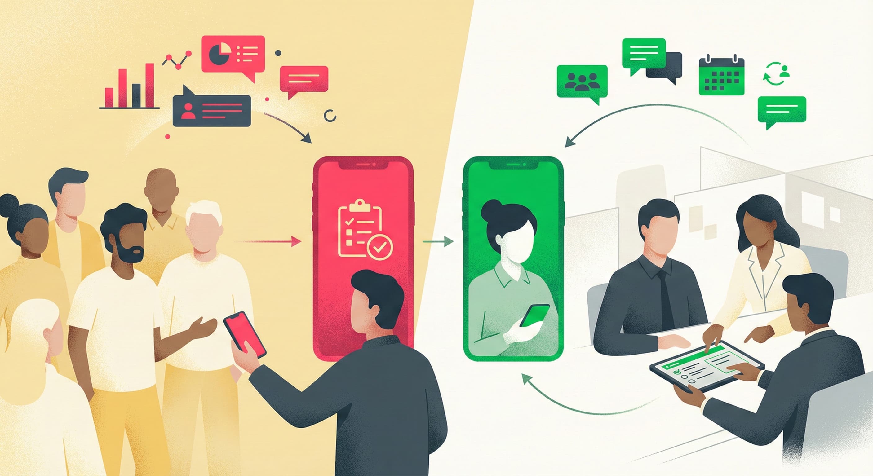 LINE（外部顧客向け）とLINE WORKS（社内・組織内向け）のアンケート用途の違いを示す図解。外部からのデータ収集と、組織内での情報共有・業務活用の流れを比較しています。