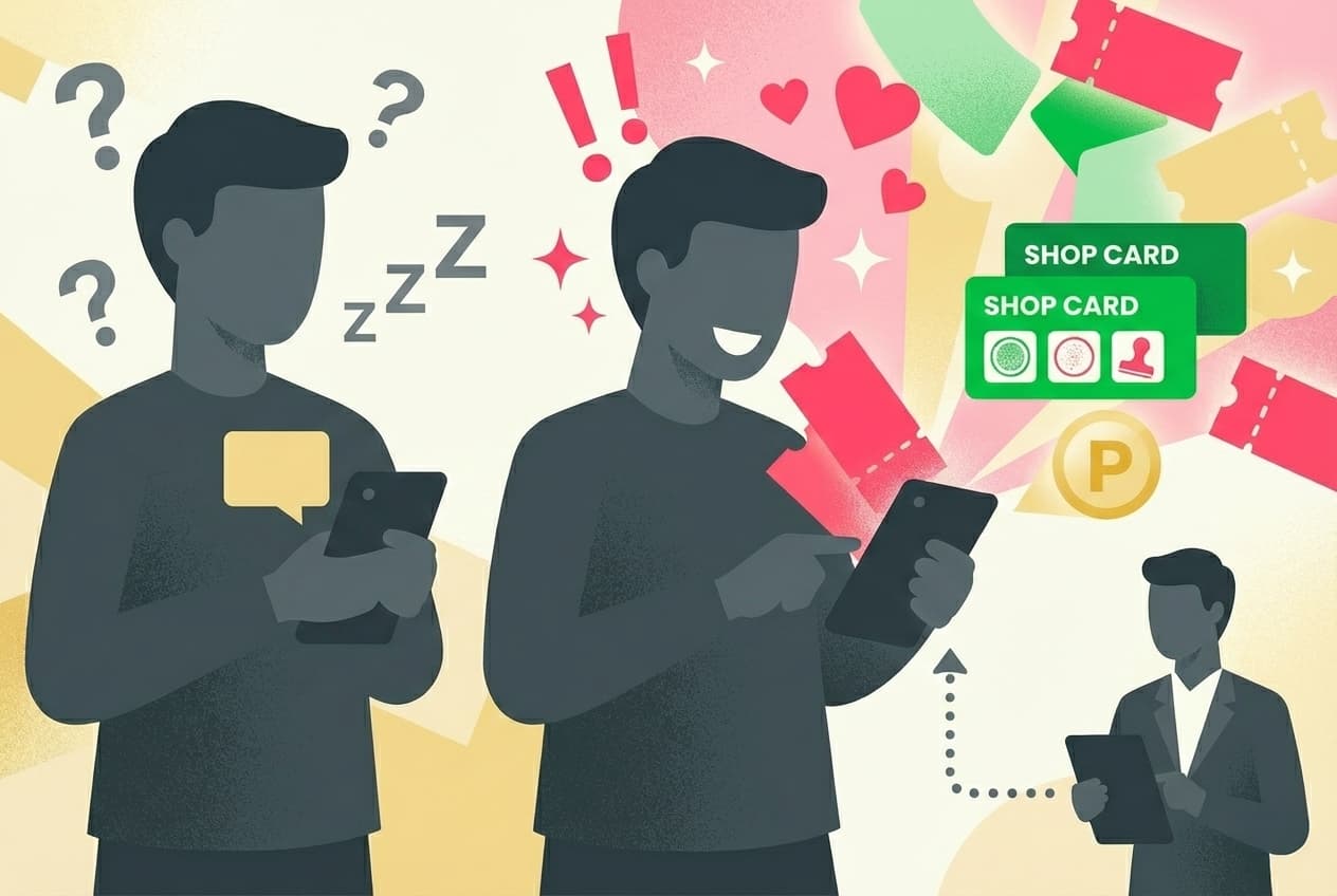 特典のない状態に飽きているユーザーと、ショップカードやクーポンといった実益を得て満足しているユーザーを対比し、インセンティブ提供による離脱防止の重要性を示す図。
