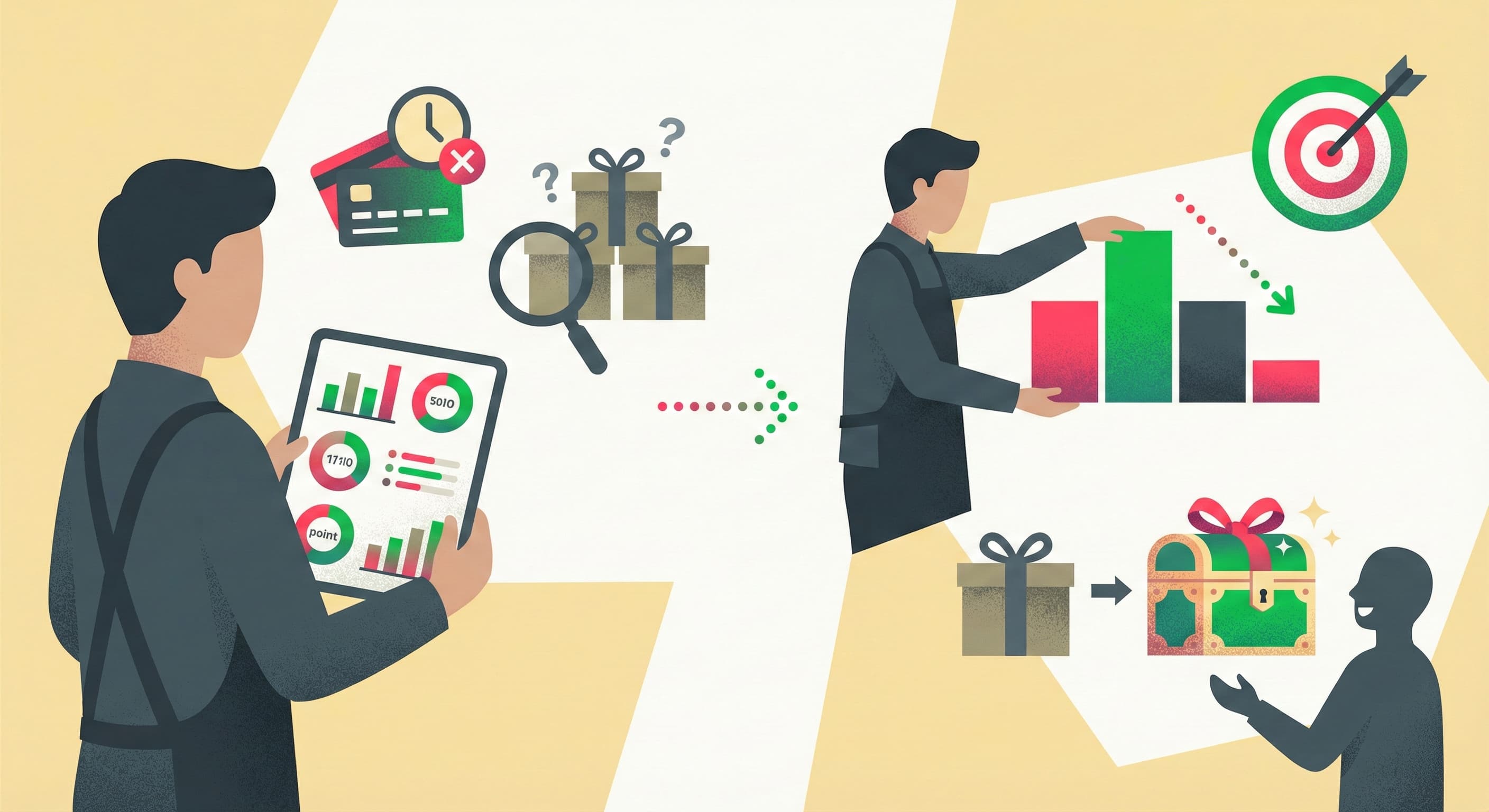 タブレットでのデータ分析を起点に、マーケティング施策の最適化（グラフの調整）を行い、最終的にターゲット顧客へ最適な特典を還元するプロセスを描いたイラスト。