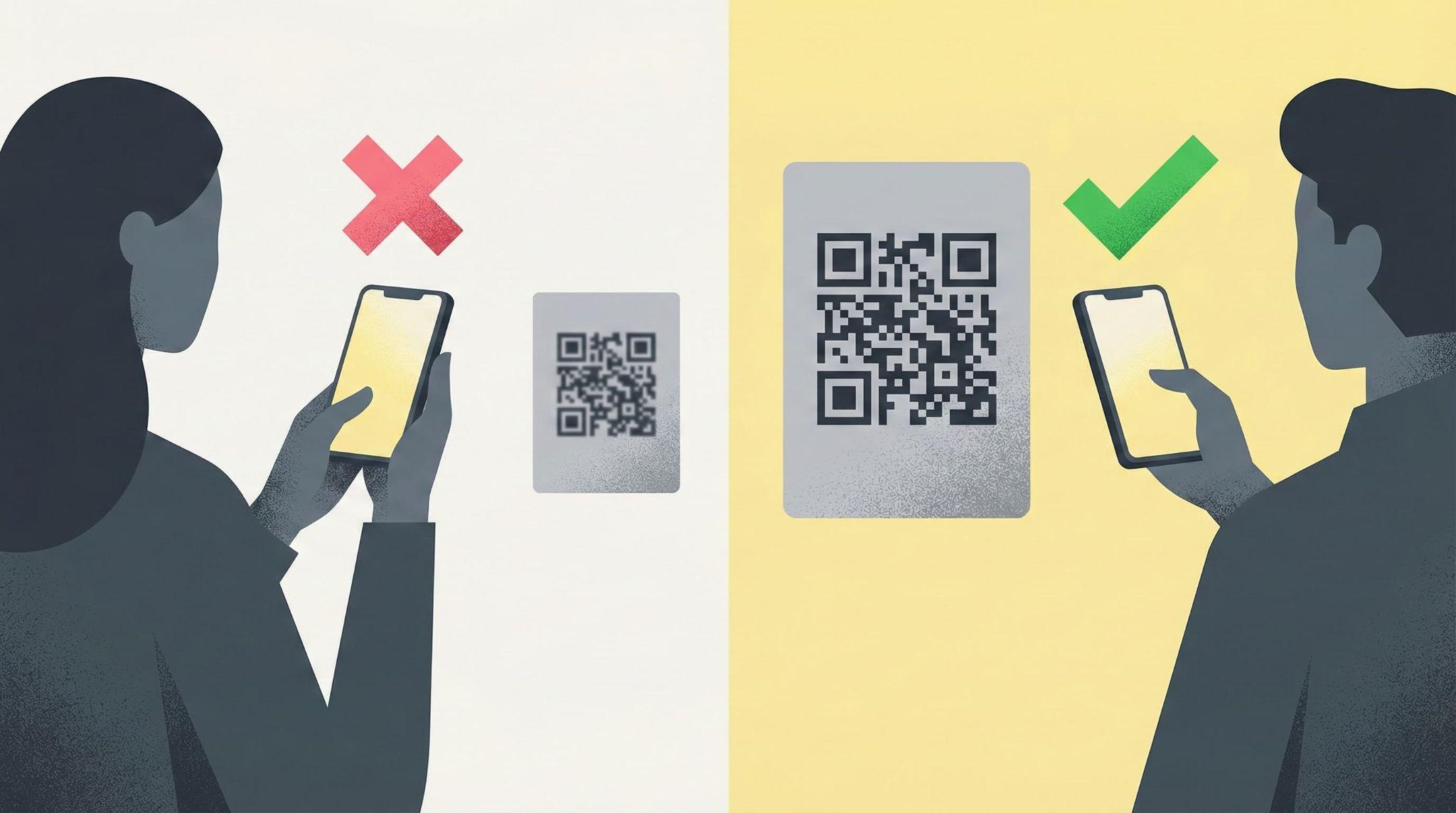 QRコードの適切なサイズと視認性に関する良し悪しの比較図。