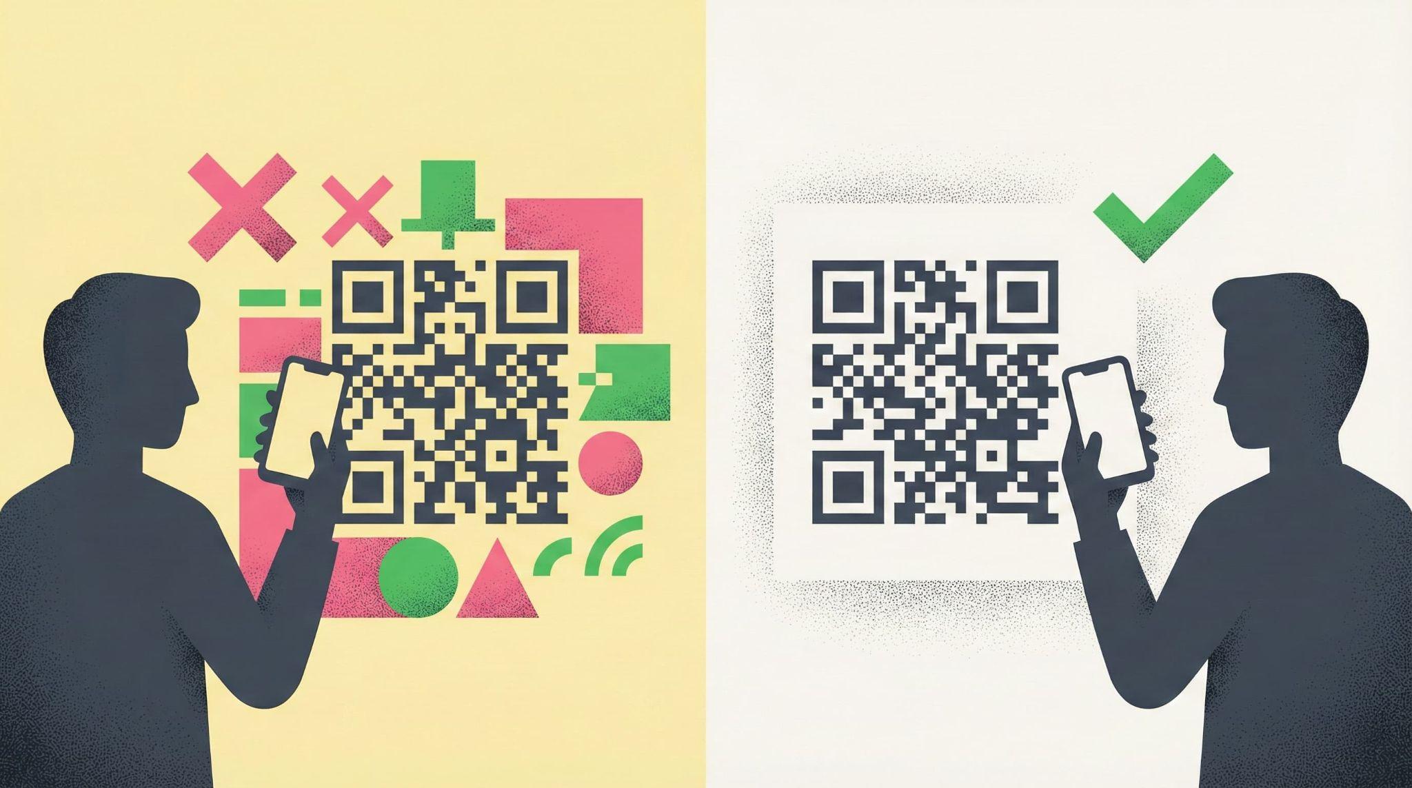 読み取りを妨げる複雑な背景のQRコード（不可）と、適切な余白を設けた視認性の高いQRコード（推奨）の比較