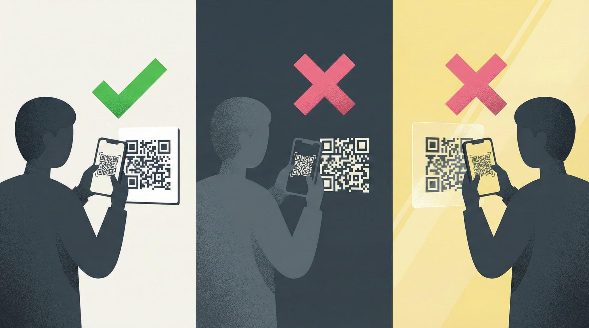 QRコードの読み取りを成功させるためのコントラストと照明条件の比較。適切な白背景（推奨）に対し、低コントラストや光の反射が読み取りを妨げる様子（不可）を示している。