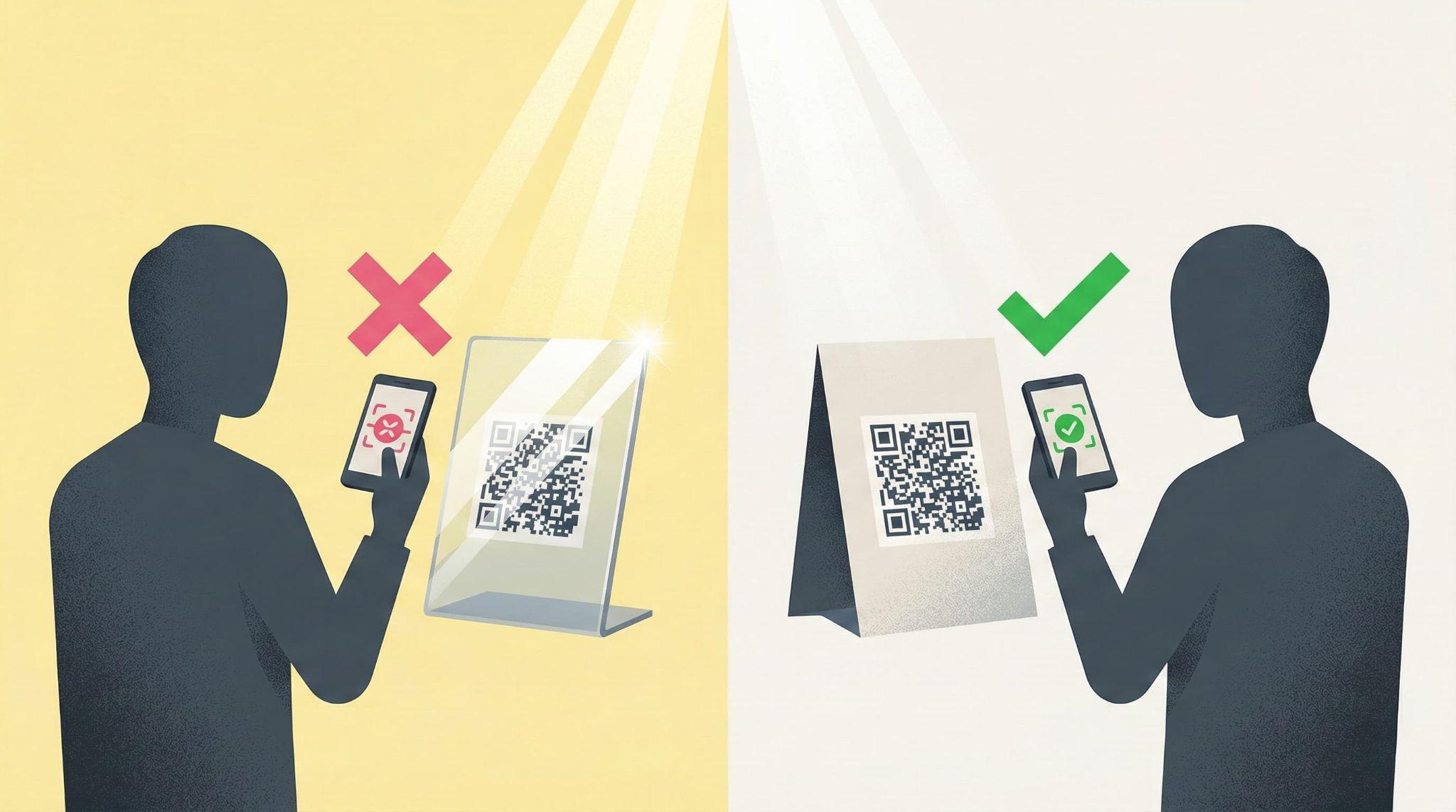 照明の反射で読み取りに失敗するアクリル素材（左）と、反射を抑えて正常にスキャンできる非光沢素材（右）を対比させ、設置環境の重要性を伝える図解。