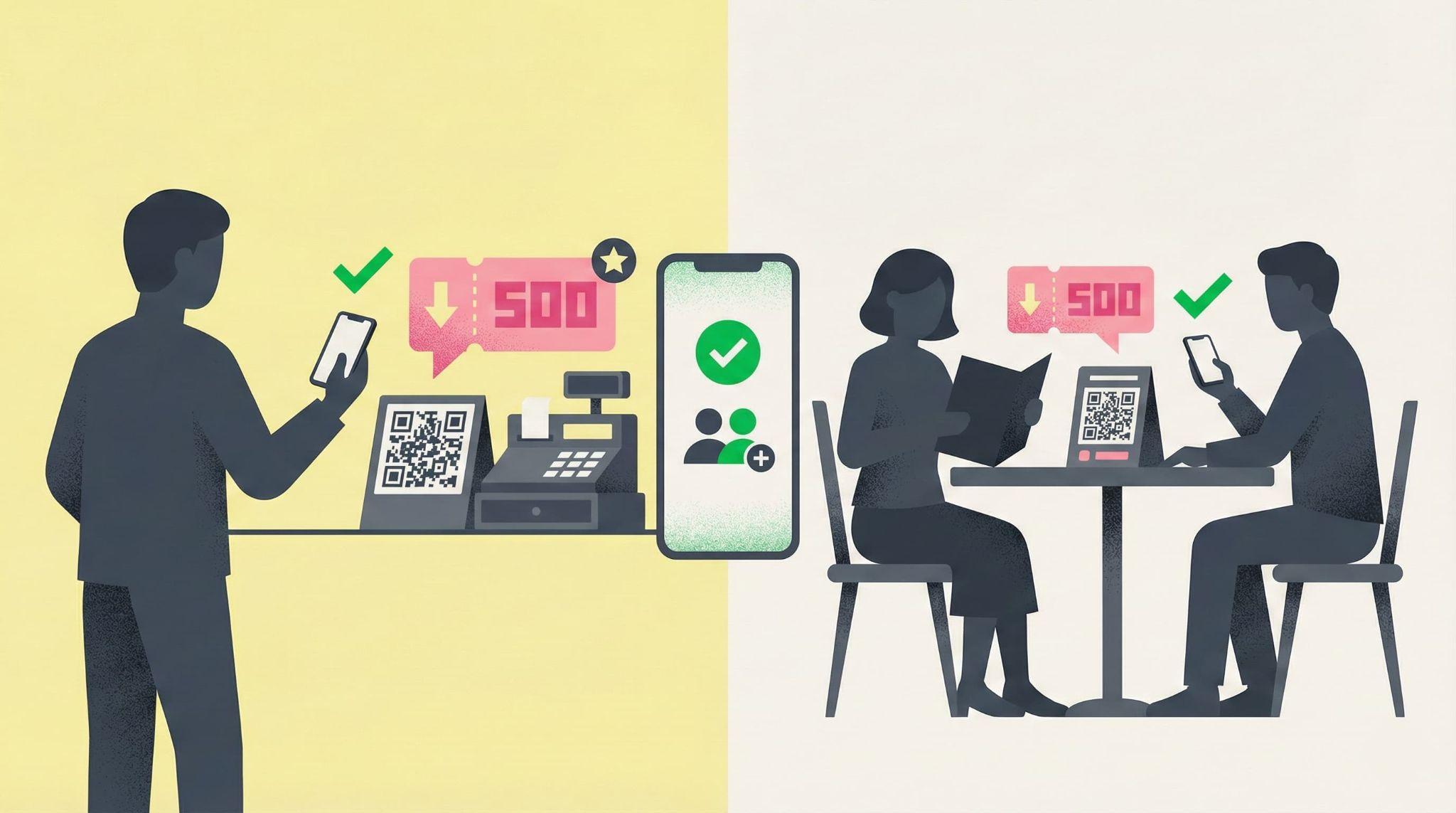 レジでの決済や飲食店のテーブル注文など、顧客がスムーズにQRコードを利用できる具体的な設置場所の推奨例。