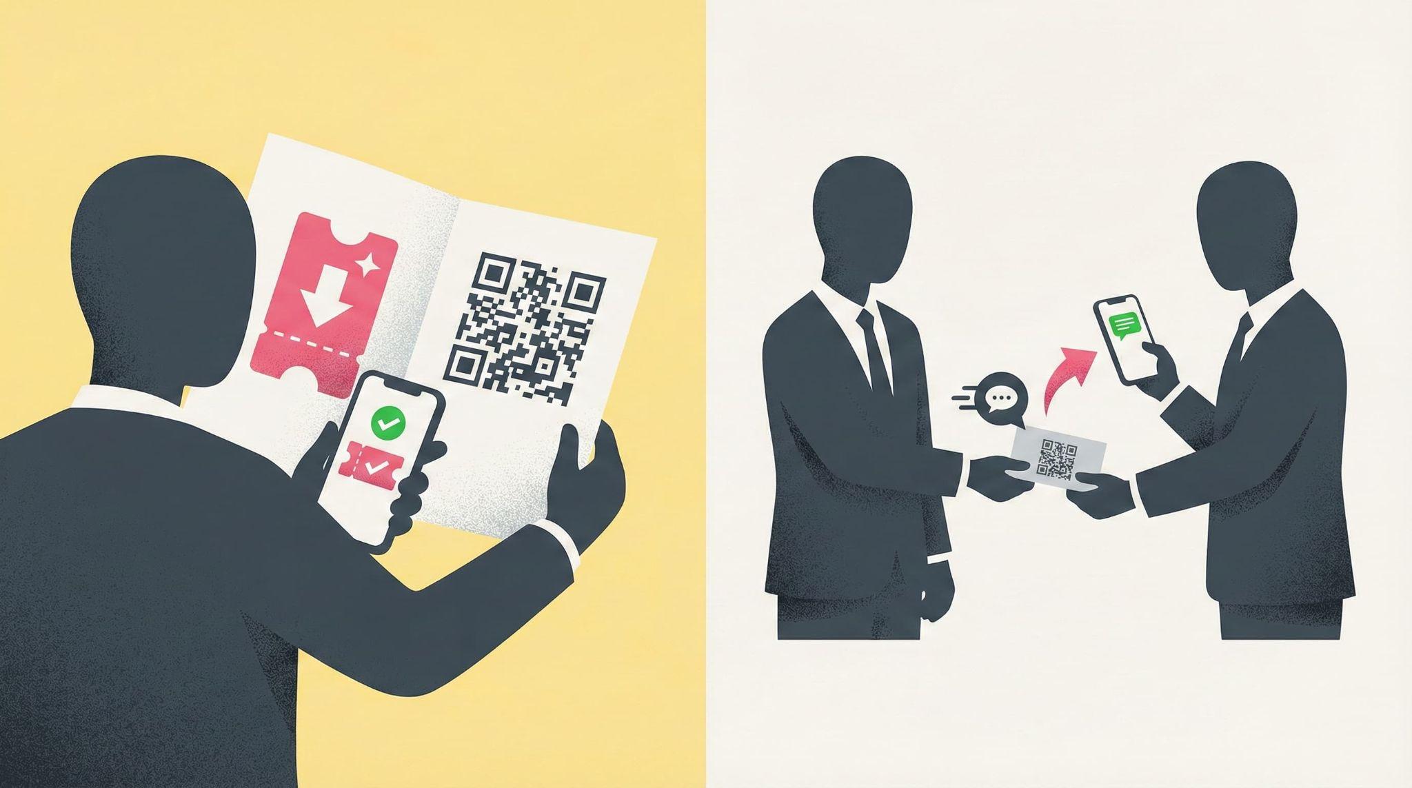 パンフレットや名刺といった印刷媒体におけるQRコードの活用例。チラシからの特典受け取りや、名刺交換時の連絡先登録などの利用シーン。