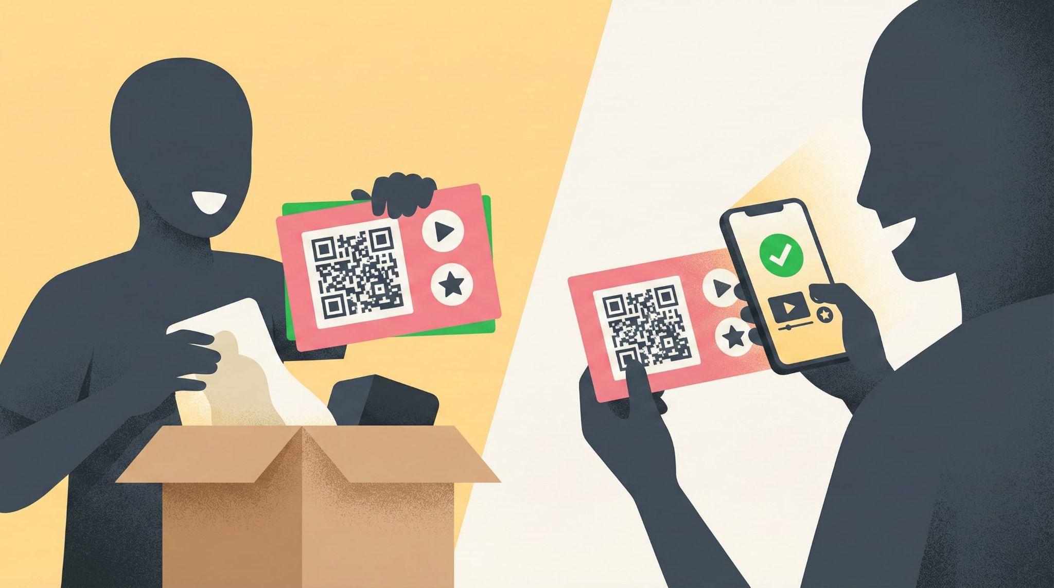 開封した商品の同梱物にあるQRコードを読み取り、動画マニュアルやサポート情報にスマートフォンでアクセスする活用例。