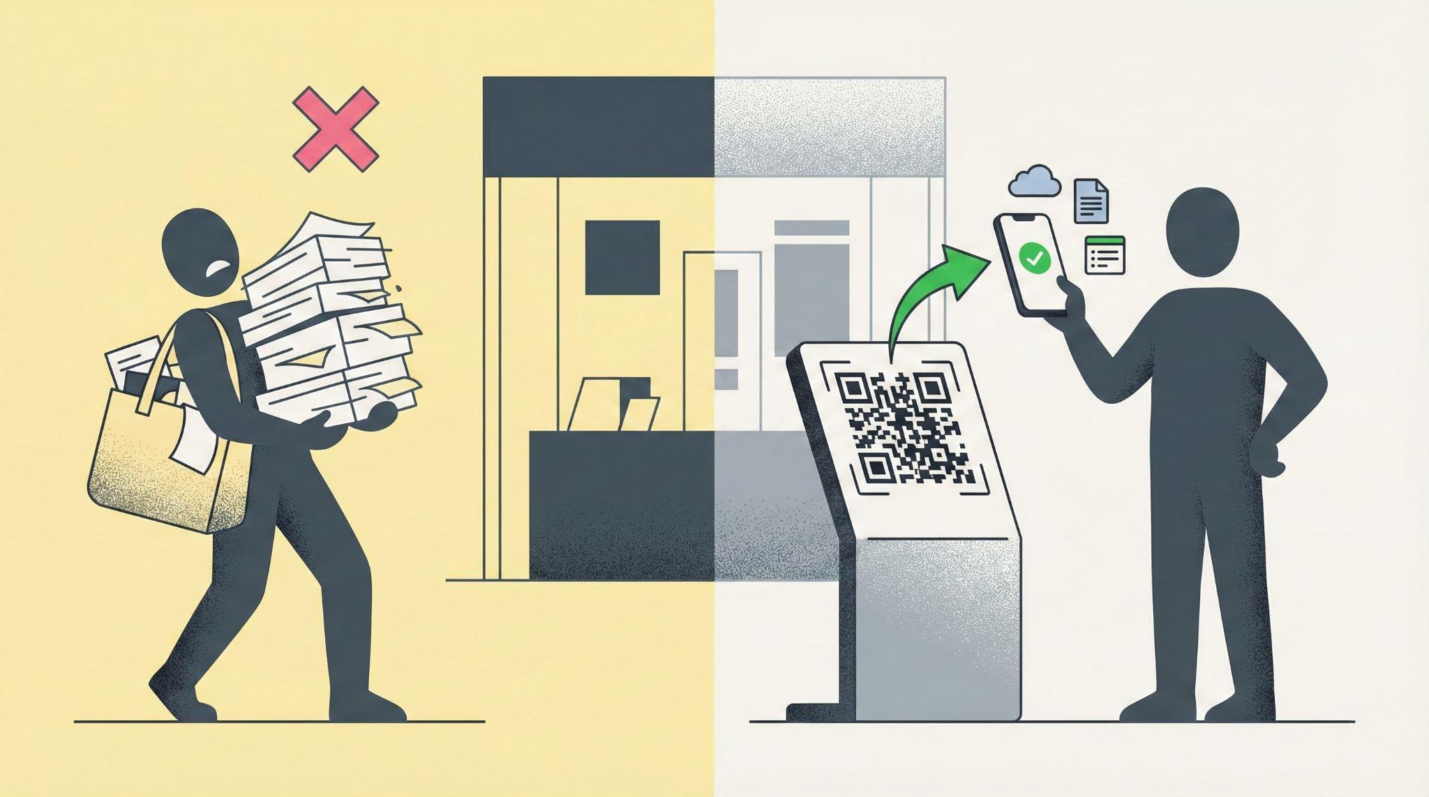 大量の紙資料を持ち運ぶ負担（不可）と、QRコードをスキャンしてデジタル資料をスマートフォンで受け取る利便性（推奨）を比較し、イベントのペーパーレス化を推奨する図解。